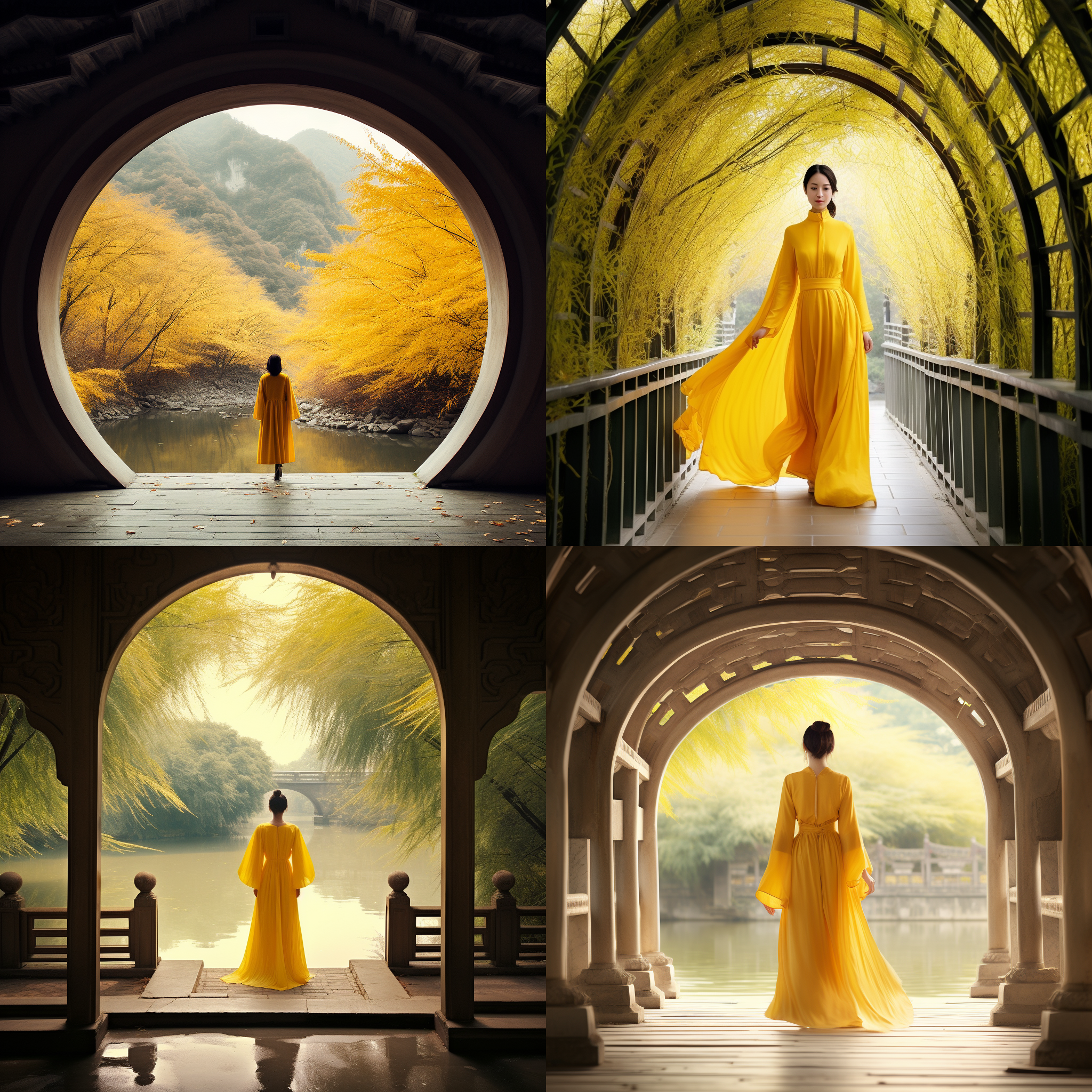 拱桥，黄色竹子，混凝土拱座，风雨连廊，仿古亭子，中国美丽女人，清澈小河，优美环境，乡村特色，自然光，中远景，对称构图，和谐色调，宁静，欢乐。