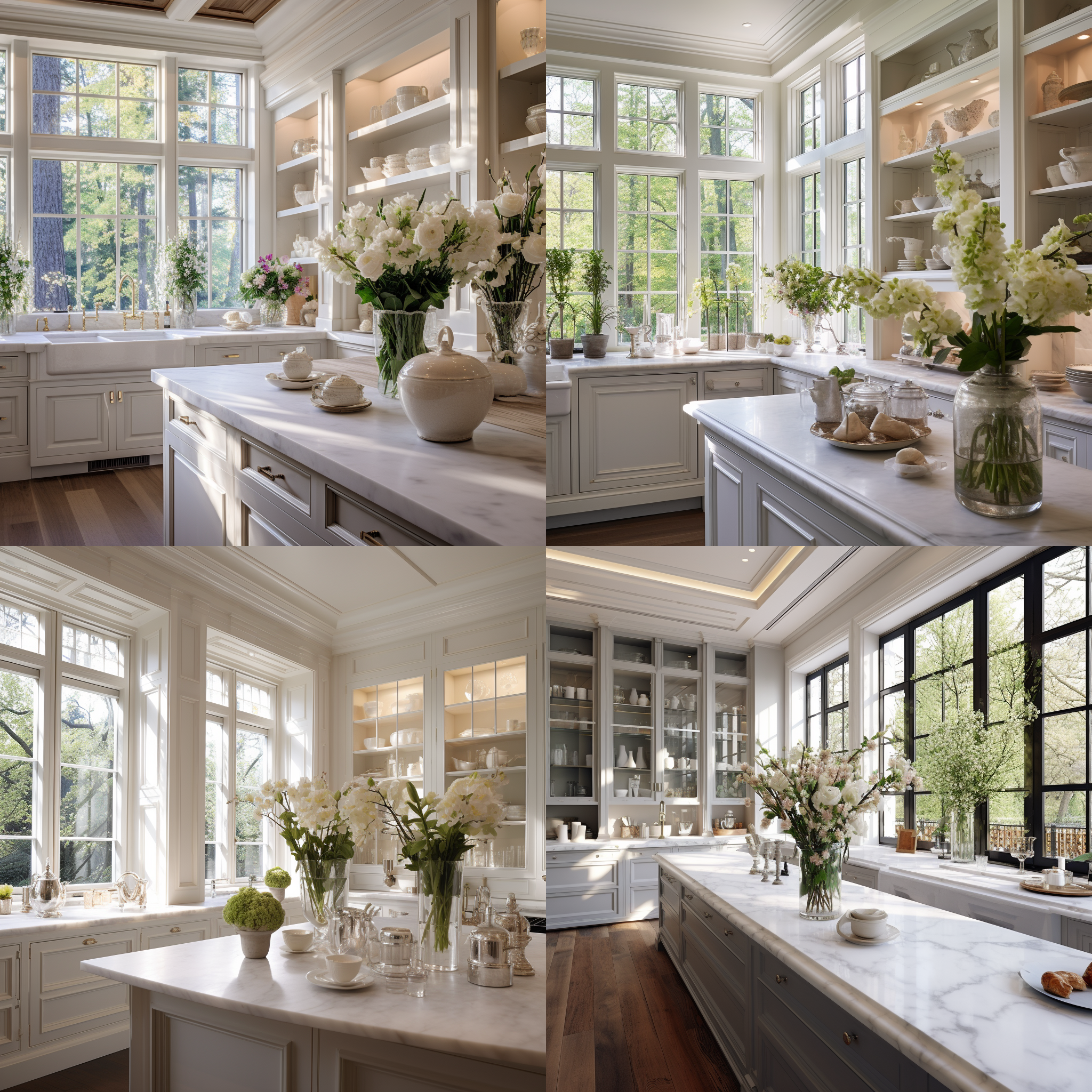 落地整面玻璃，飘窗上用大理石台面，侧面胡桃木色壁龛内放着摆件装饰。光线柔和温暖，从侧面透过窗照射。对称且平衡构图，窗外景色清晰。白灰色调，高雅宁静。台面上放着一束鲜花，窗帘挂着白纱帷幕。镜头特写，迷人的室内景观，自然光线，温暖明亮，安静，优雅，高质感。