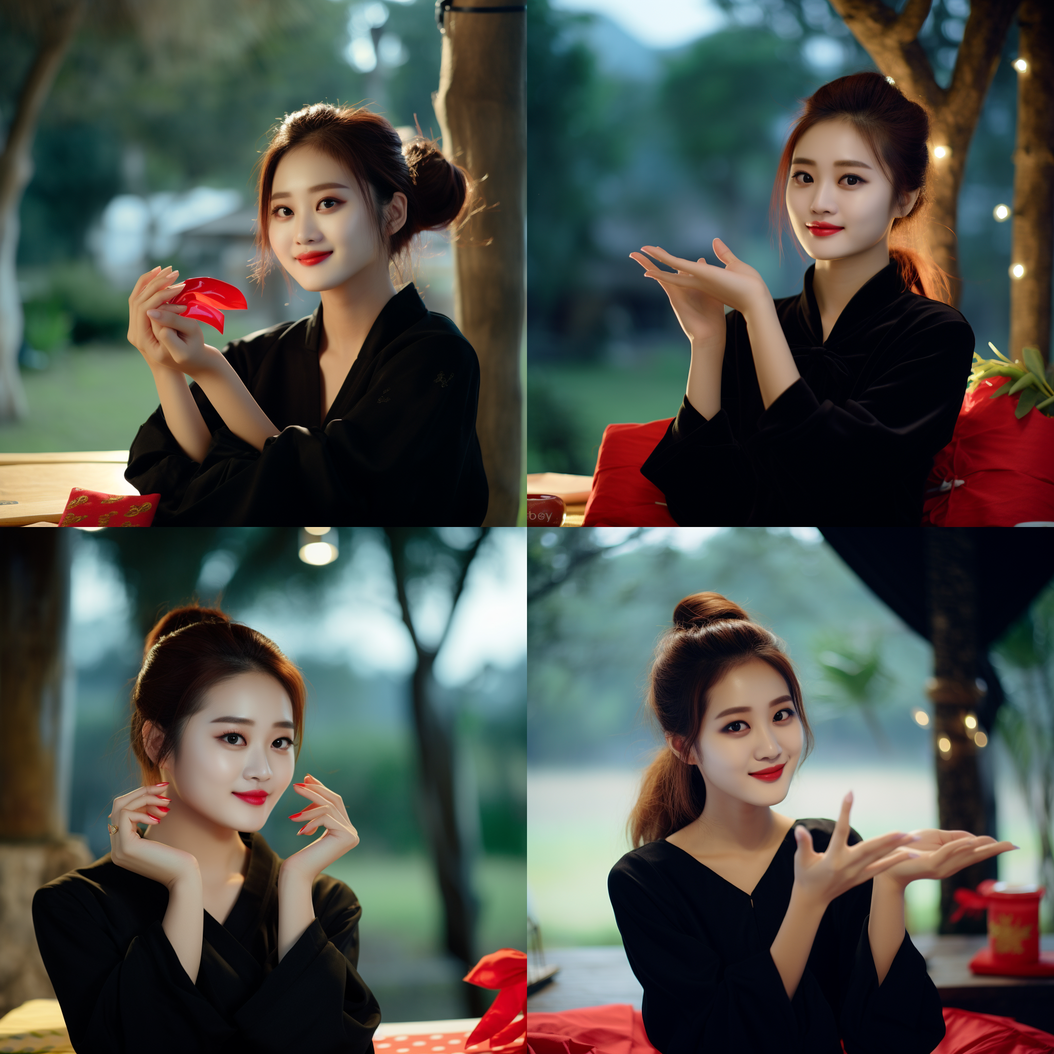 亚洲美女戴着红色蝴蝶结，身后是一棵圣诞树。她穿着裙子，旁边放着礼物。她手里拿着一张圣诞卡片，微笑着，轻松自在。柔和的烛光照亮了房间。使用dslr相机捕捉，床上摆放着，遵循三分法构图，最佳质量。