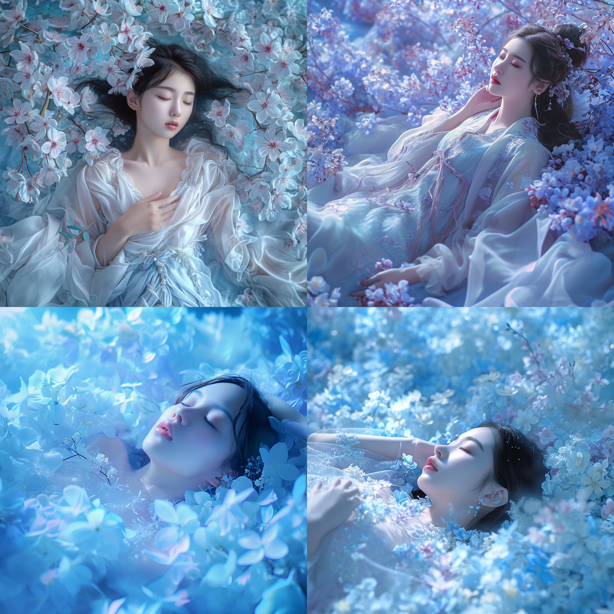 东方古典女神，写实人物设计，浅粉配色，春秋时期风格，16岁，卧躺在一片浅蓝色的花海，逼真的纹理，电影灯光效果。柔焦，背光，轻盈动作，优雅，恬静，悠然自得，神秘。