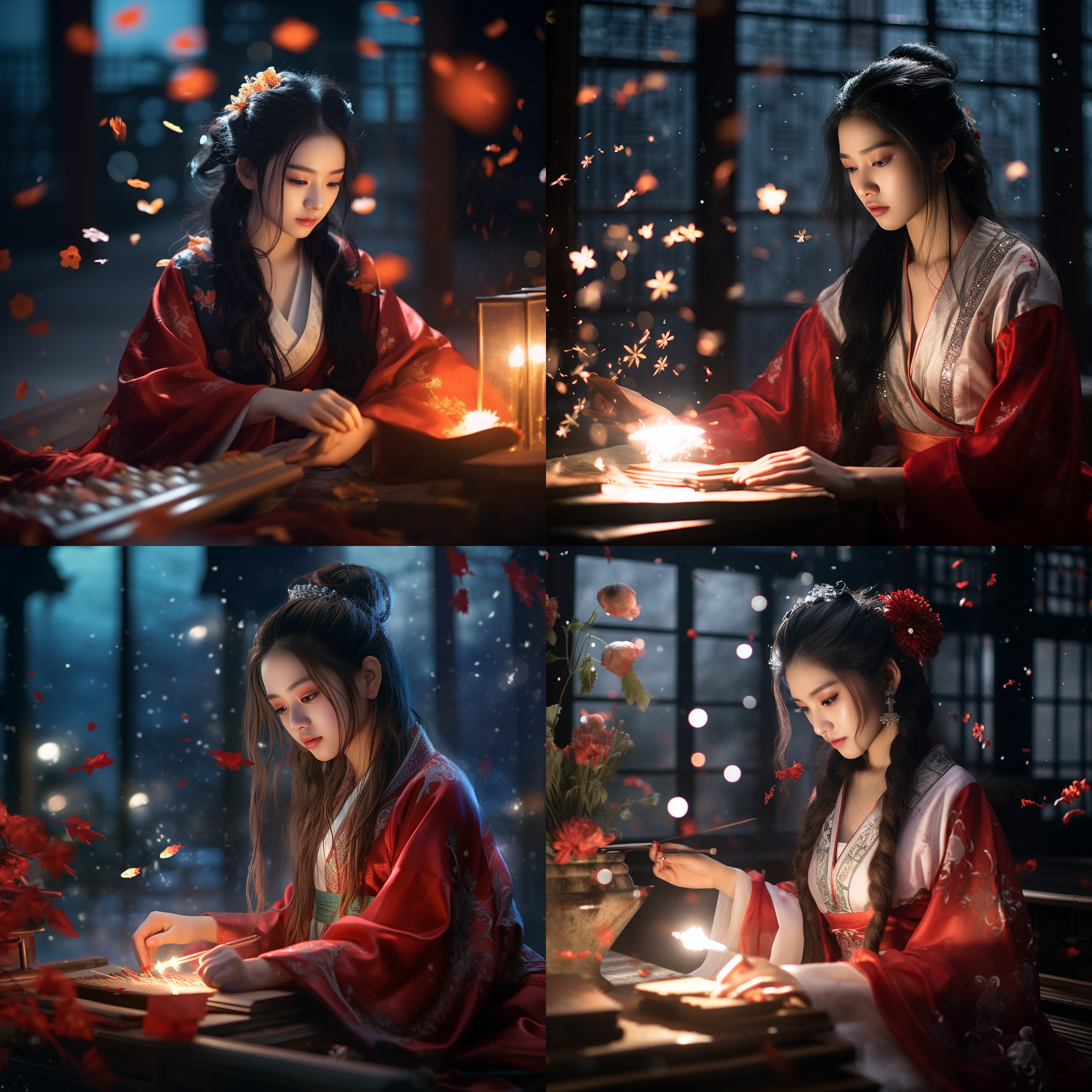 龙年除夕，汉服少女，手持毛笔，写福字，近景，鲜花背景，星光闪闪，红色调，长焦镜头，柔光，细腻动作，喜悦。