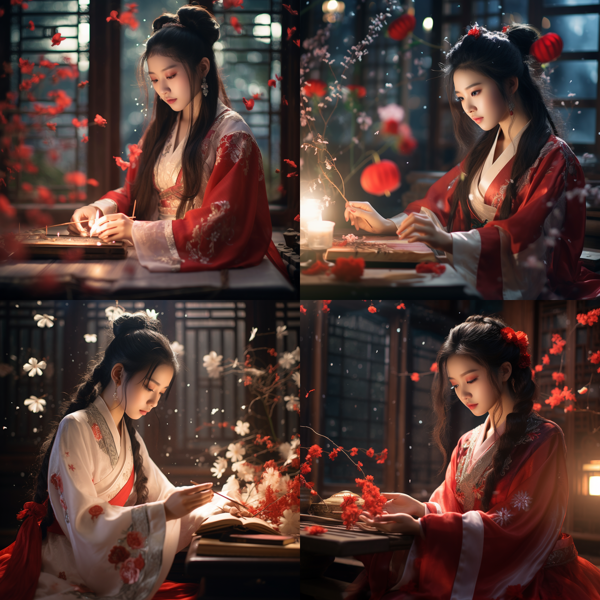 龙年除夕，汉服少女，手持毛笔，写福字，近景，鲜花背景，星光闪闪，红色调，长焦镜头，柔光，细腻动作，喜悦。