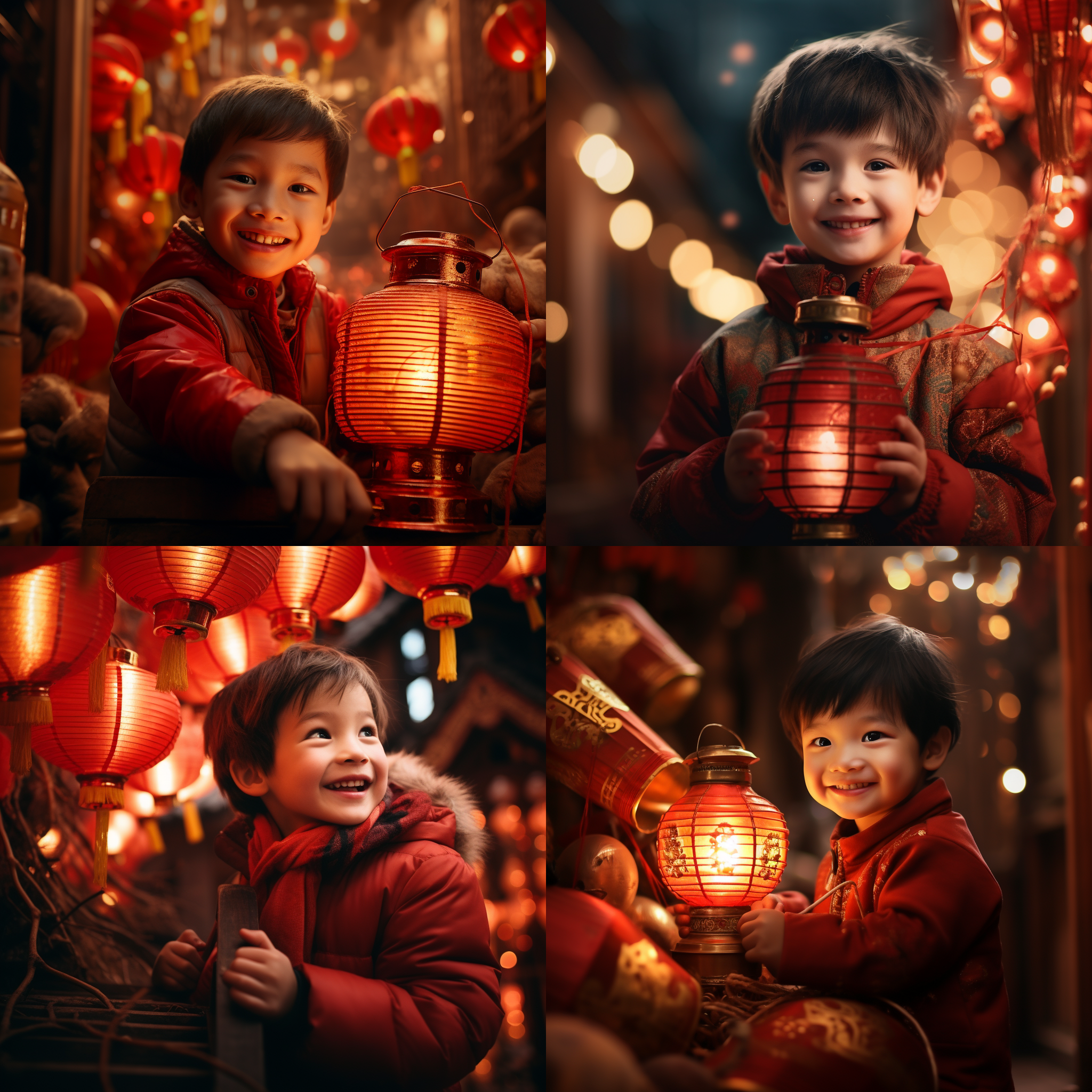小男孩微笑，红色灯笼下，新年气氛浓厚，正中构图，传统风格，暖色调，广角镜头，柔和光线，欢快动作，元素丰富，喜庆氛围，快门速度适中，温暖感。