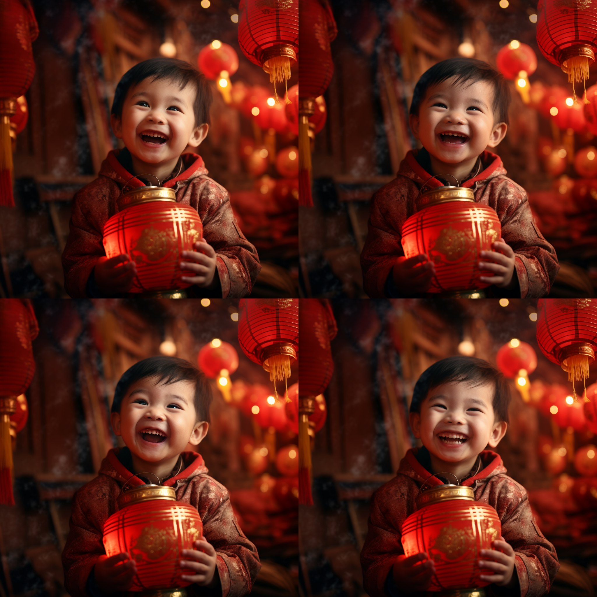 小男孩微笑，红色灯笼下，新年气氛浓厚，正中构图，传统风格，暖色调，广角镜头，柔和光线，欢快动作，元素丰富，喜庆氛围，快门速度适中，温暖感。