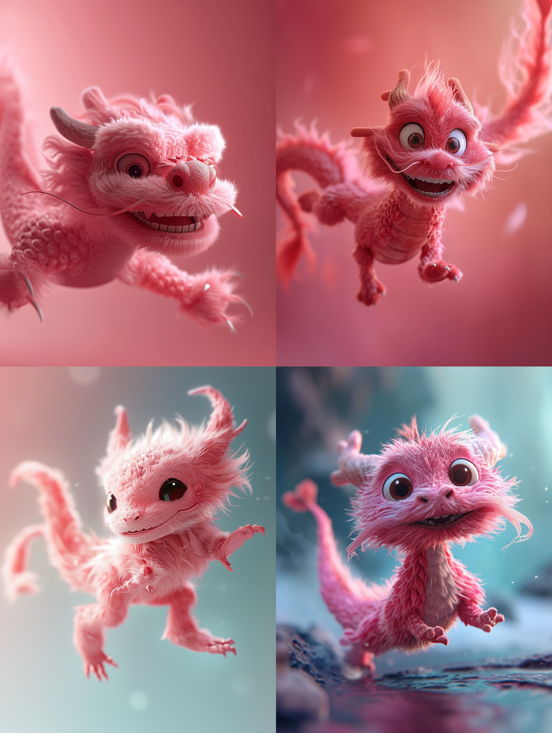 粉色毛茸茸飞起来的中国小龙，呆萌，纯色渐变背景，高品质，皮克斯风格，柔光，可爱，温暖，细节丰富，饱和度高，焦距长，浅景深。