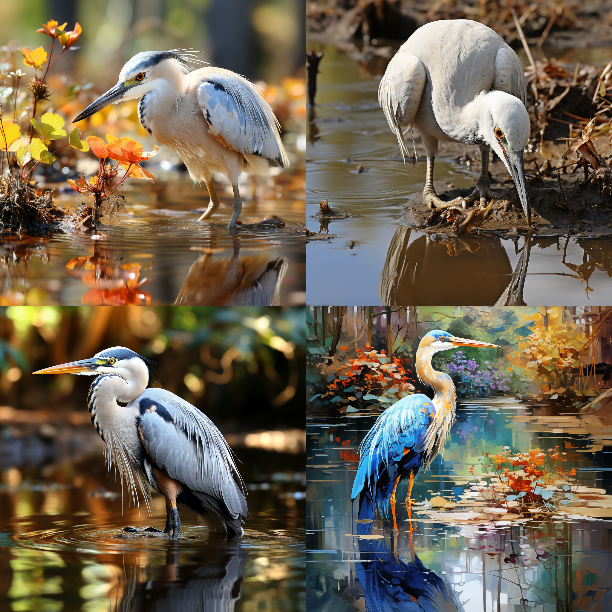 苍鹭被河蚌夹住了嘴，把头部高举了起来，稻田地，水面浅水，倒影