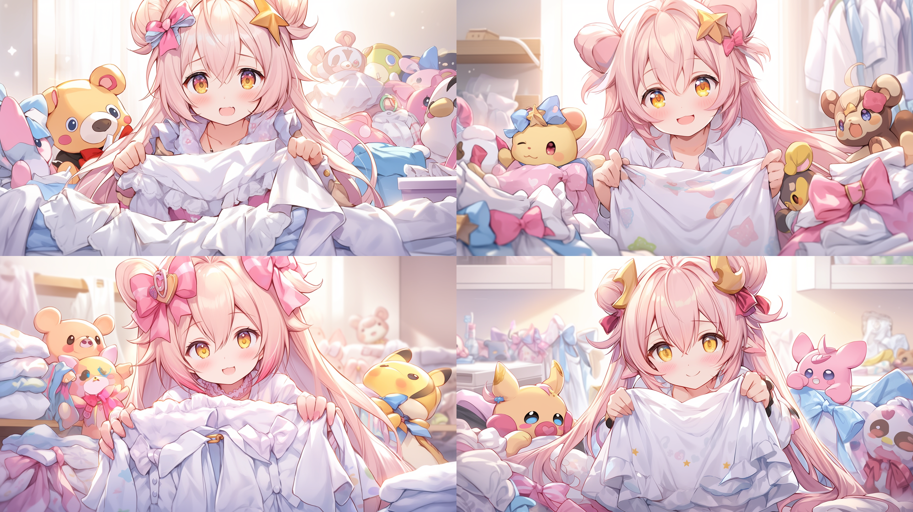 二次元女孩，柔和光线，抓拍风格，室内环境，色彩鲜艳，细节丰富，广角镜头，甜美微笑，与小动物互动，温馨快乐，自然肖像。