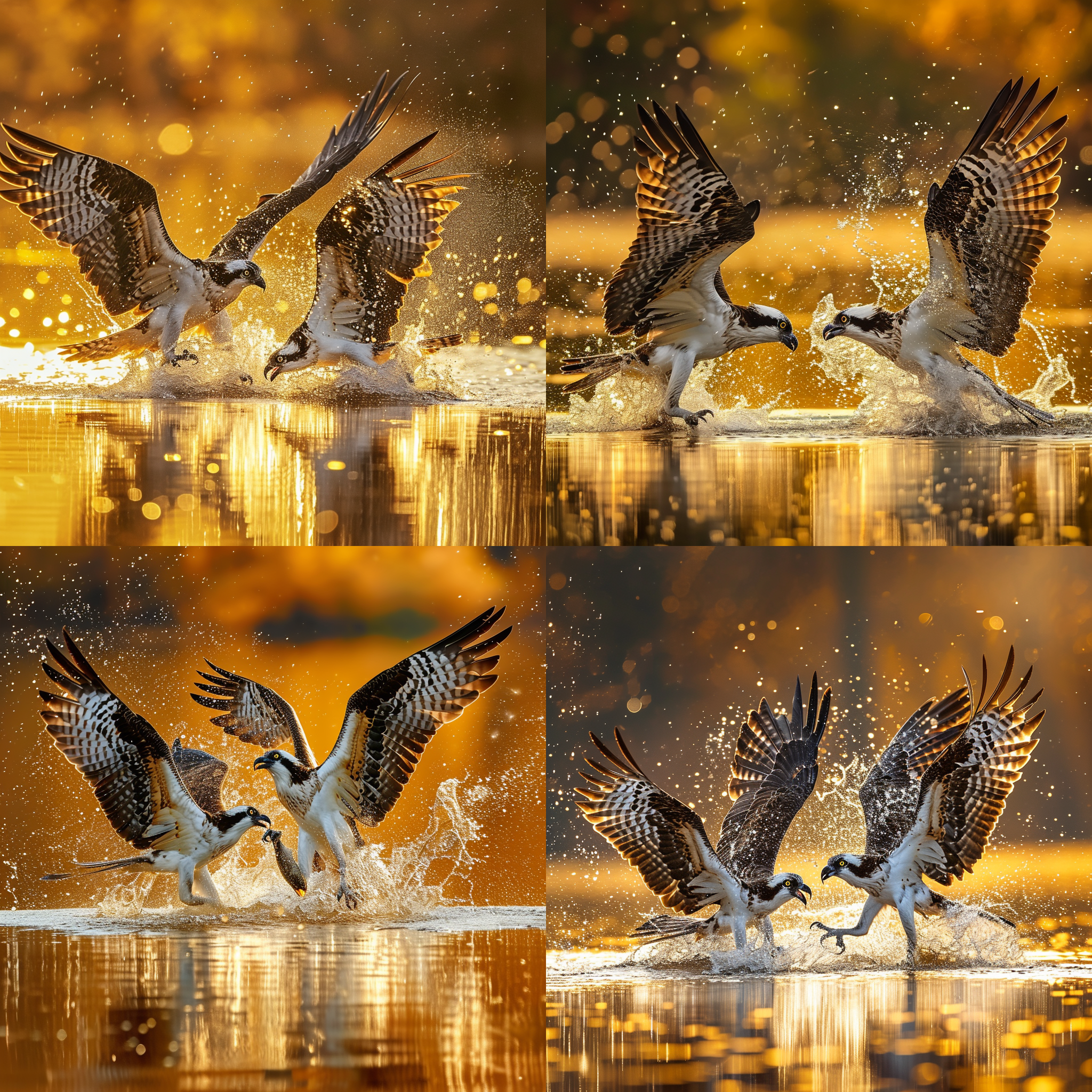 两只鹗争夺一条鱼，在水面上，水花四溅，长焦镜头，背景虚化，金色水面