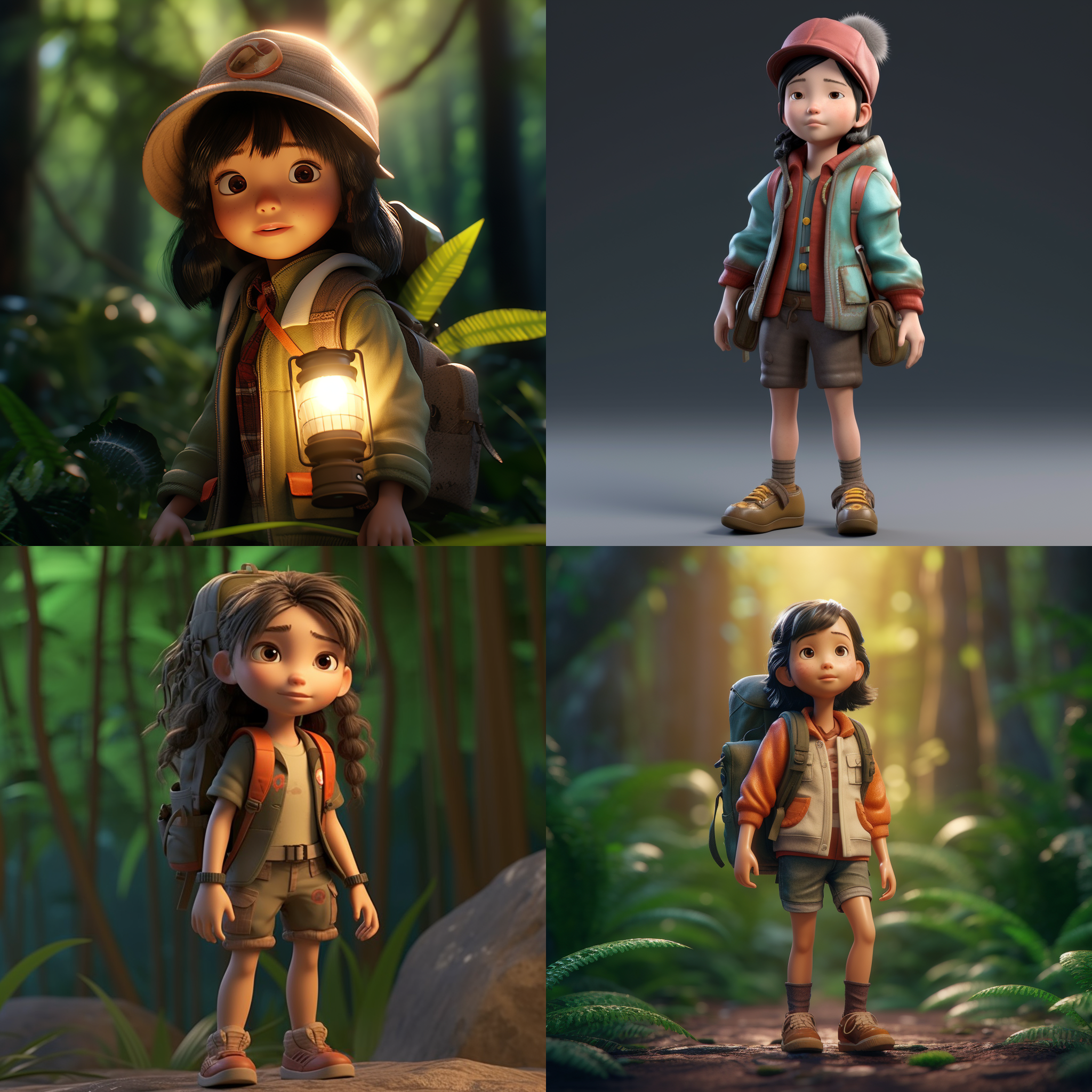 一个爱冒险的7岁可爱中国女孩，她喜欢探索和了解世界，在森林里，皮克斯动画风格，c4d，oc，渲染器，全身像镜头，黏土雕塑材质，电影照明，高质量，多细节，高清