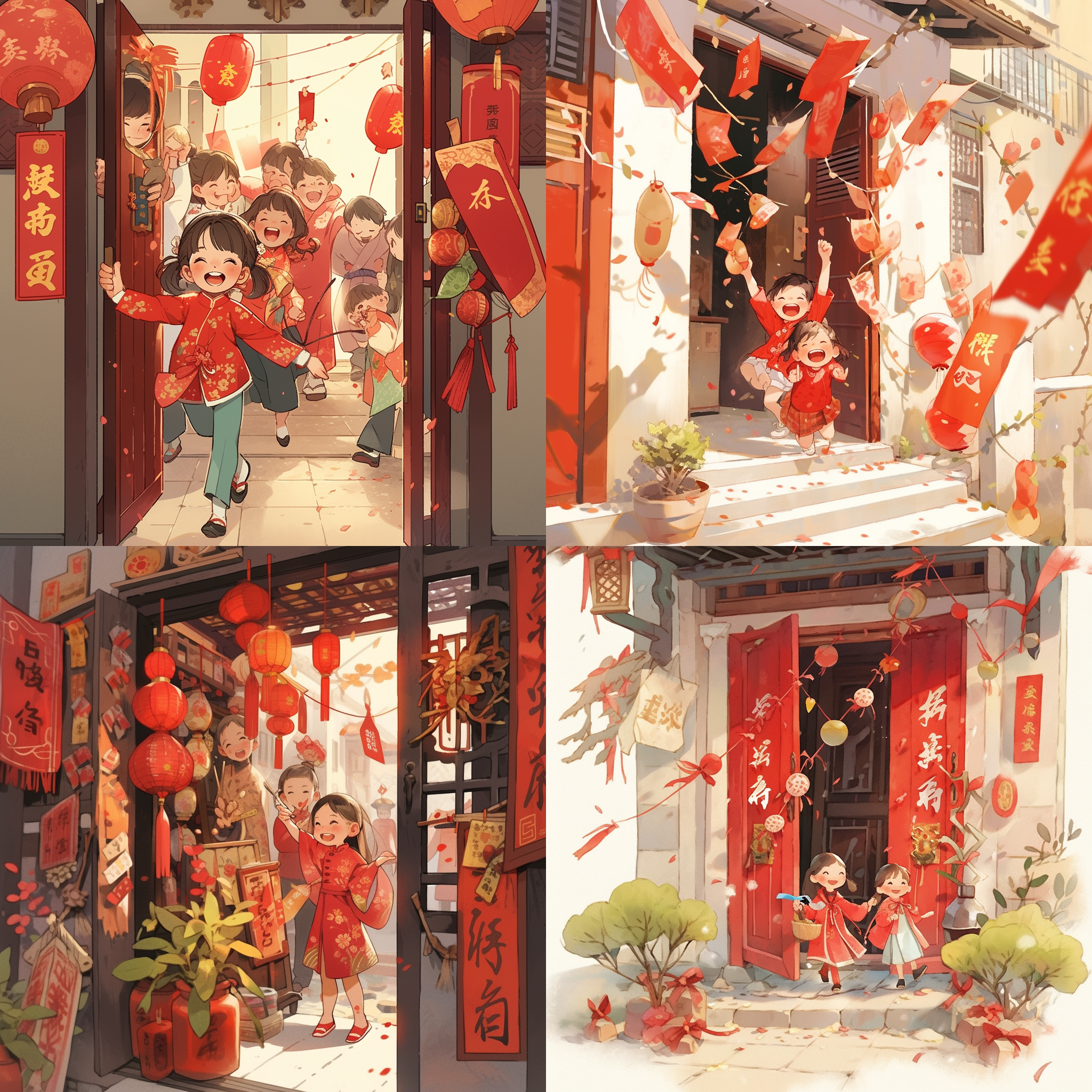 春节到了，小孩子在门口放鞭炮贴对联