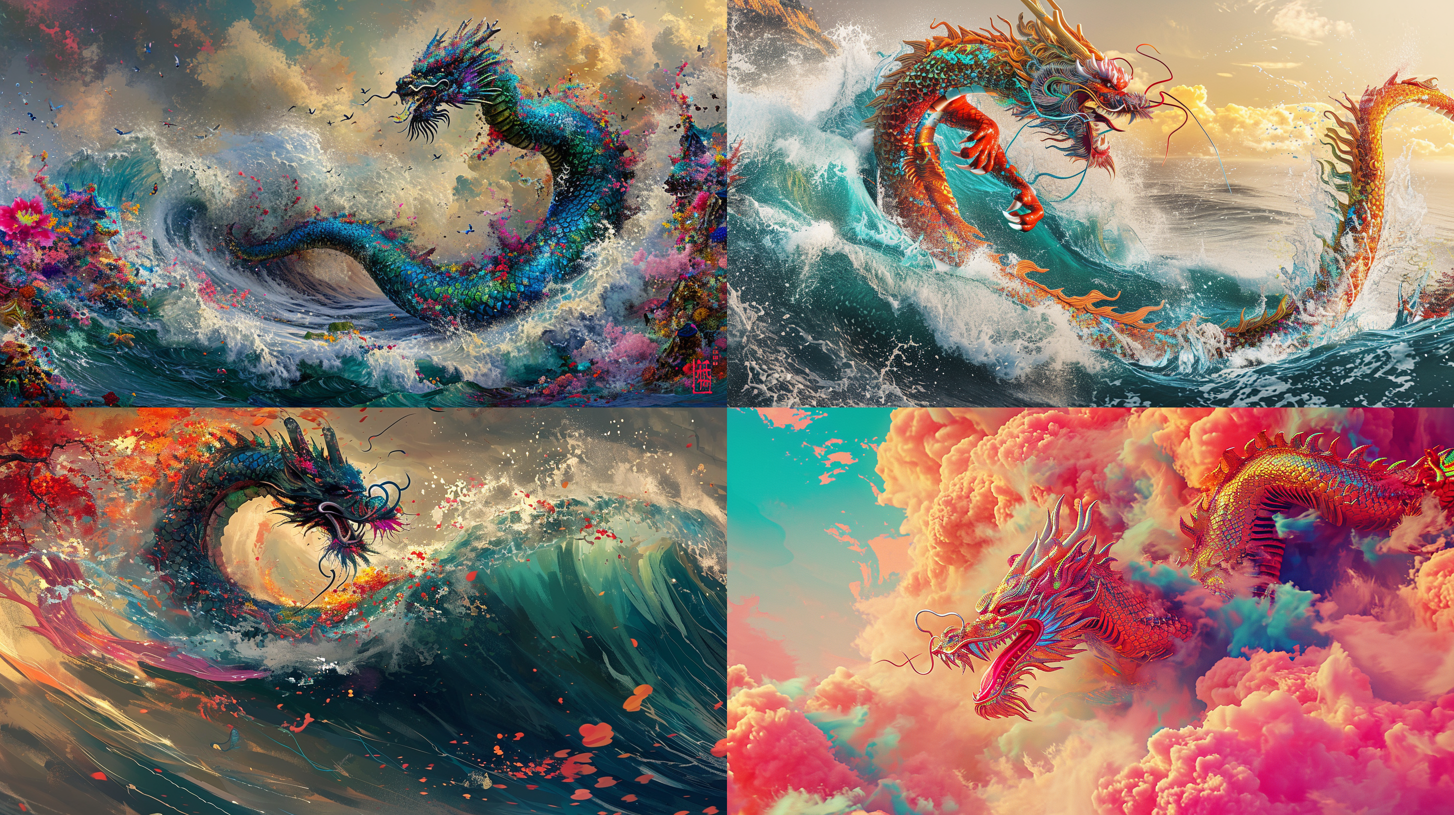 波浪中的中国龙，棱角分明，龙与波浪画布融为一体， 使用了一种迷幻的风景和现实主义的风格，迷幻的图 像，翻滚的波浪，丰富多彩的湍流，迷人的领域，极具想象力的场景，完美的细节，风格是卡拉斯·艾斯，彩色未来主义，乌德图像，图案爆炸，飞溅效果，弗朗切斯科·斯塔罗维茨基，流体，全景视角，明暗对比，背光和运动线，纹理皮肤，高清细节，超高细节，超高清晰度，16k分辨率，超高品质，oc渲染，3d渲染，