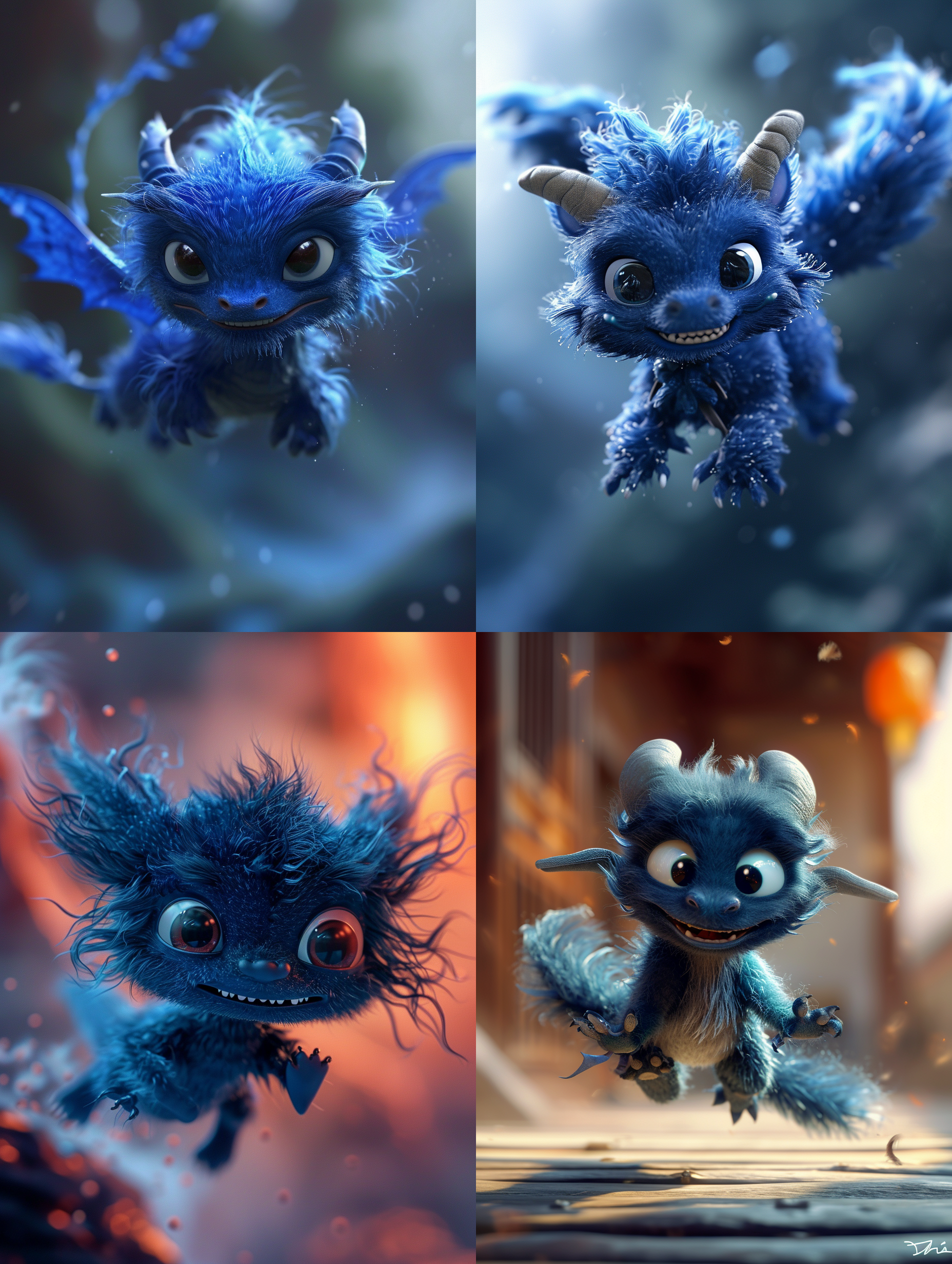 深蓝色毛茸茸飞起来的中国小龙，呆萌，纯色渐变背景，高品质，皮克斯风格，柔光，可爱，温暖，细节丰富，饱和度高，焦距长，浅景深。