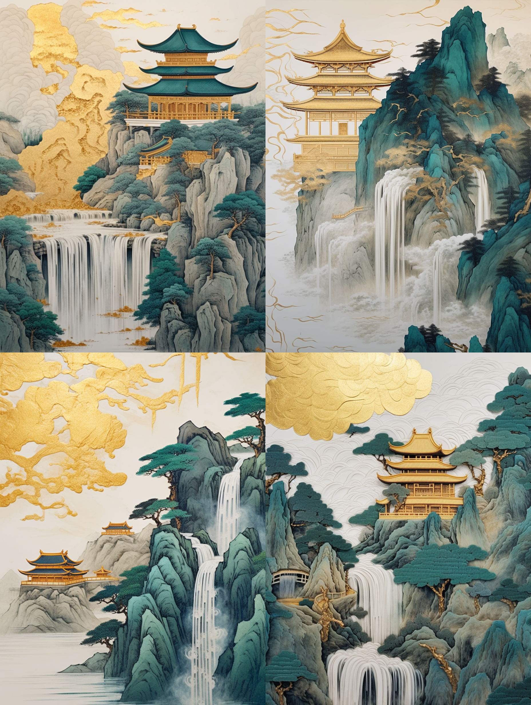 中国刺绣工艺金蓝绿山亭树，艺术创作，瀑布，质感，镀金，液态金，极简色域，写意，白色，有机形态，简洁背景。