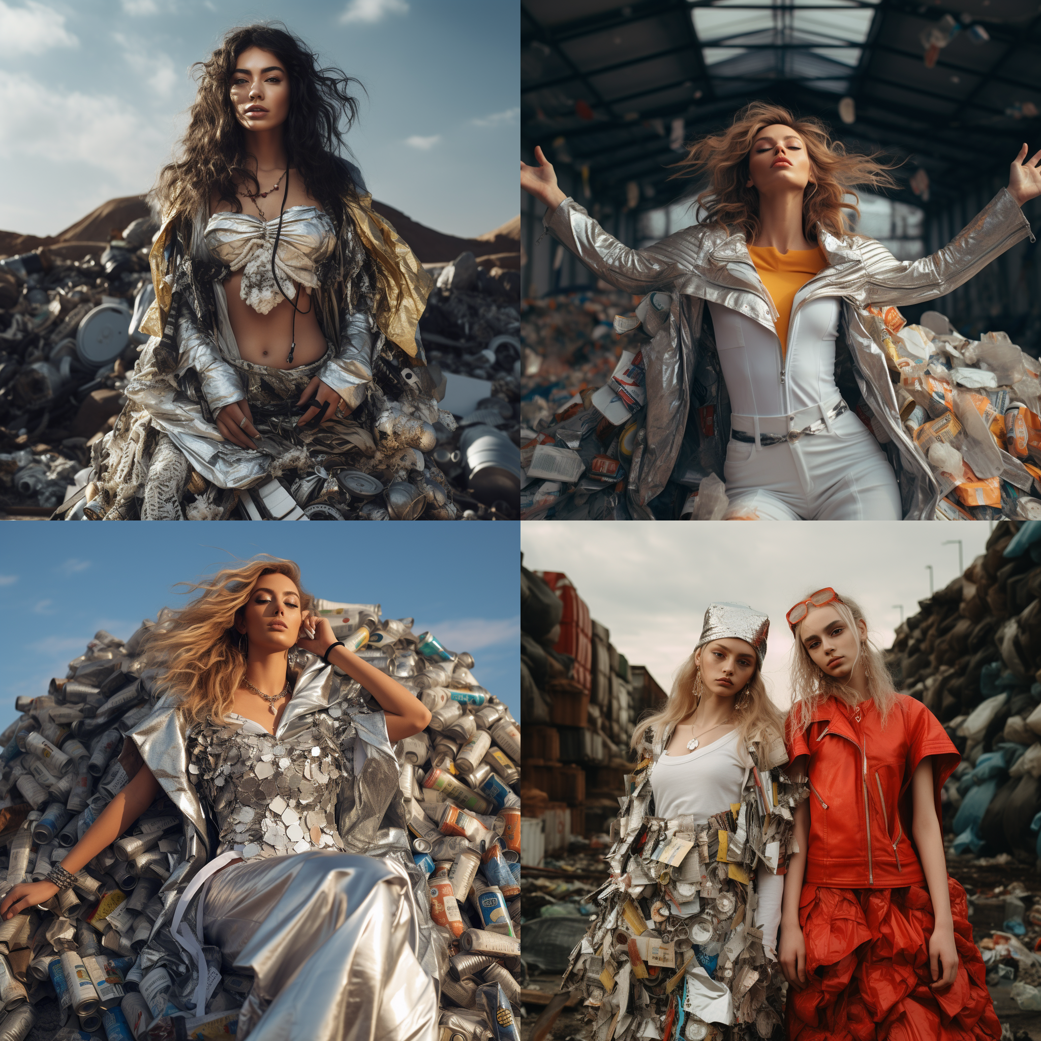 时尚大片风格。欧美女模特穿着易拉罐做的服装，在一处废弃的荒地，姿势夸张。展现环保女神的力量。