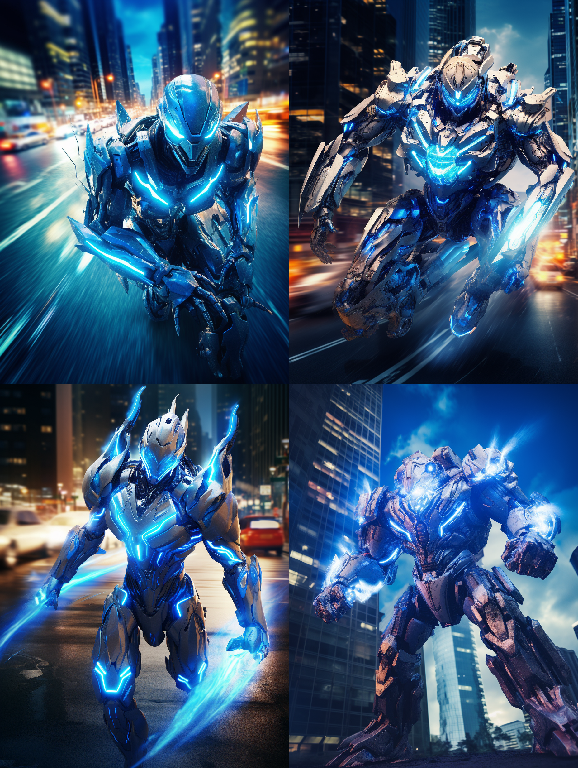 雷电机甲战士，夜晚城市街道，高楼大厦倒影，未来科技风格，蓝色调，酷炫光效，广角镜头，长曝光，飞跃动作，机械感十足，充满活力。
