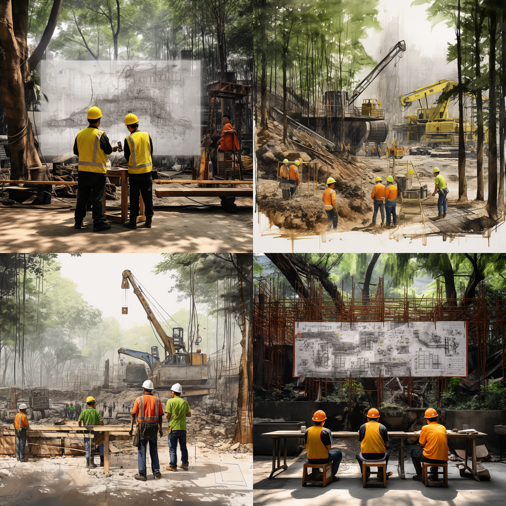 中国桥梁工人穿着黄背心，红安全帽，黑裤子，在银杏树下讲解施工图纸。图纸上标有重庆市勘测院字样。周围是满堂支架和挖掘机，泥土和环境融为一体。照片风格优美，突出了工人的勤劳与技术。