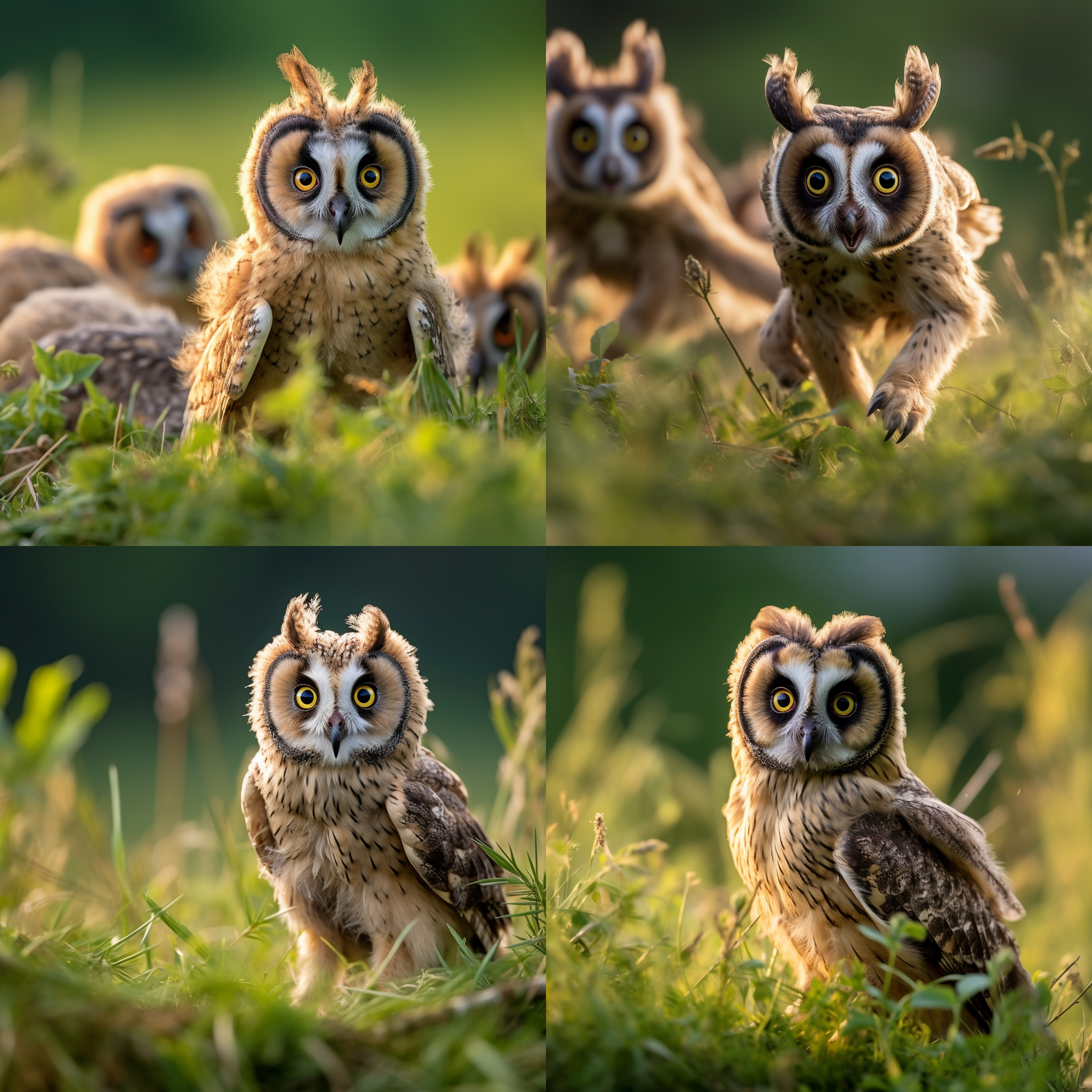 长耳鸮抓了一只兔子在草地上飞行，杂草丛生，绿色背景虚化，短耳鸮小崽跟着跑，低空，兔子挣扎，