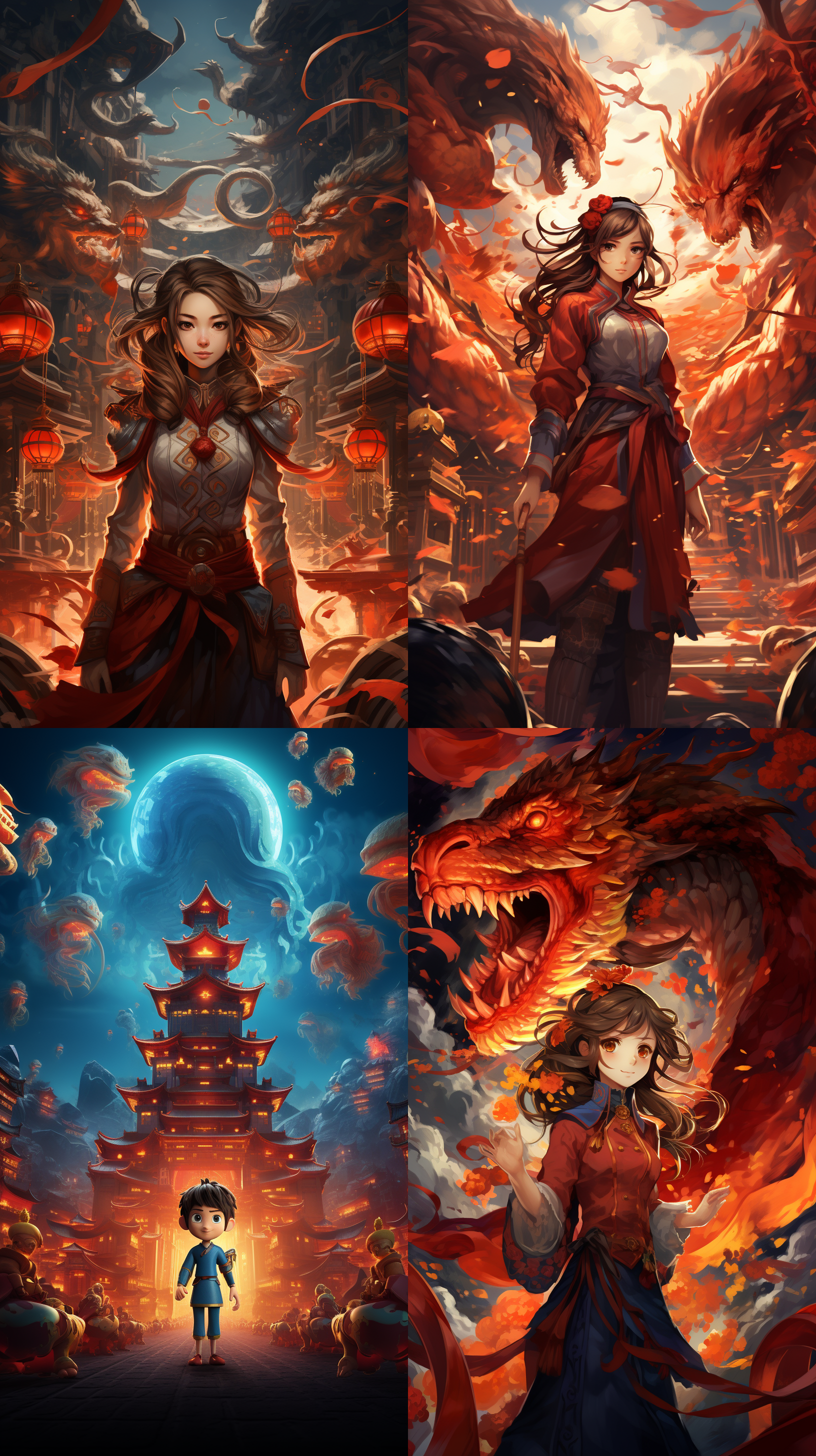 动画海报，大视角，仰视角度，1个女孩和一条中国龙，生动姿态，面向观众，穿着火焰般的汉服，以红色和橙色为主题风格，灯笼，寺庙，战斗姿势，动感运动，激光，充满想象力，无与伦比的构图超高质量，背景有一条中国龙。ar 2:3