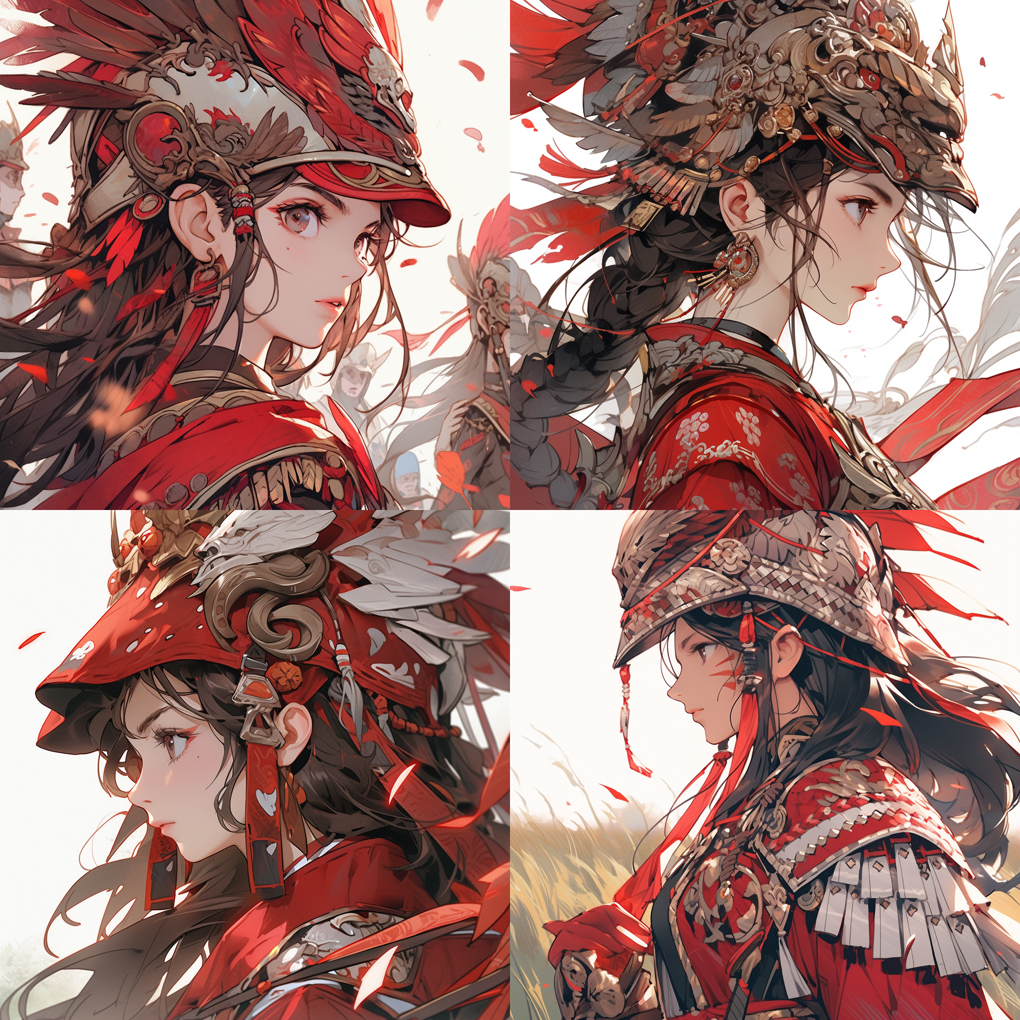 中国古代，一名穿着盔甲的将军，一名穿着红色衣服的女子，草原，刻画细节，二次元风格