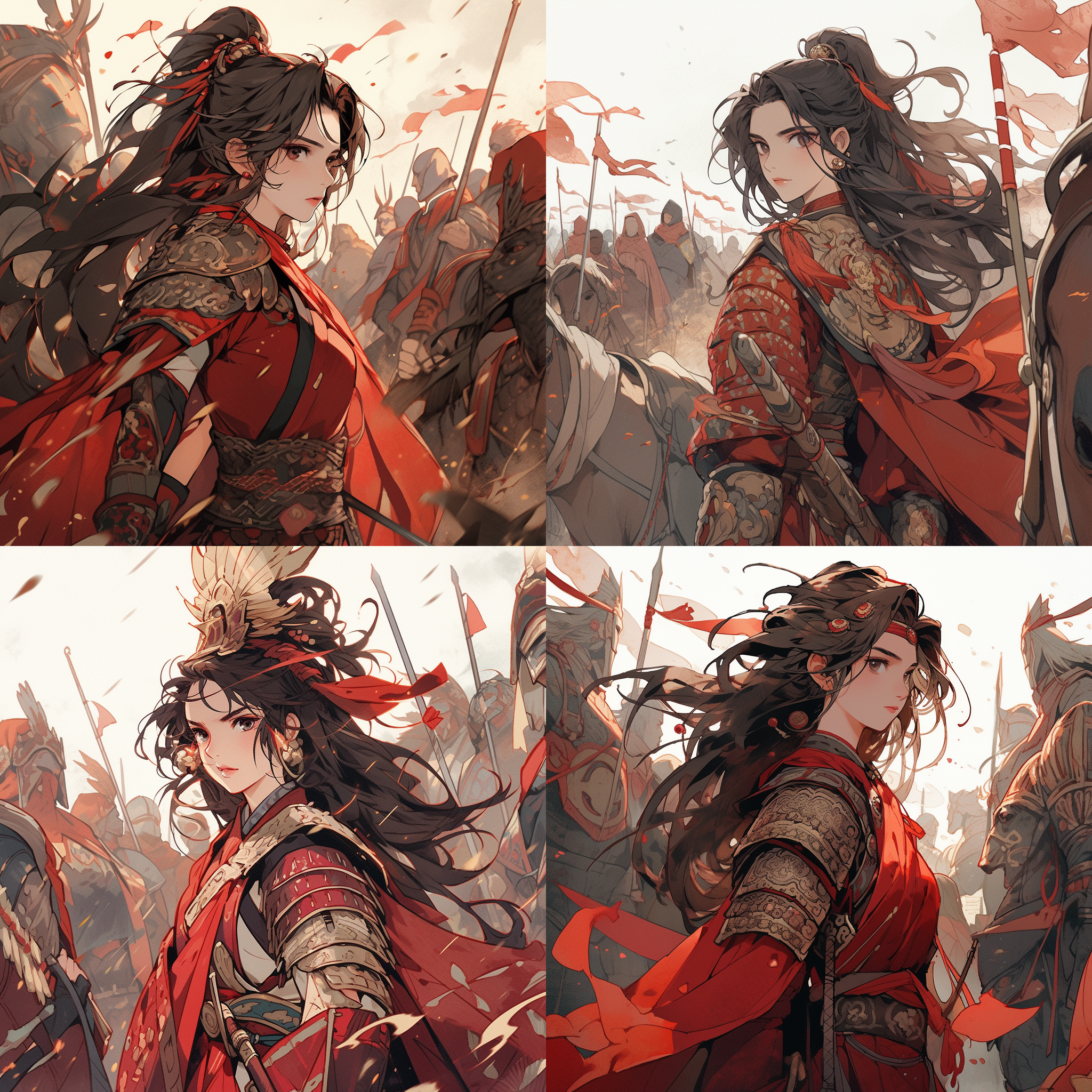 中国古代，一名穿着盔甲的将军，一名穿着红色衣服的女子，草原，刻画细节，二次元风格