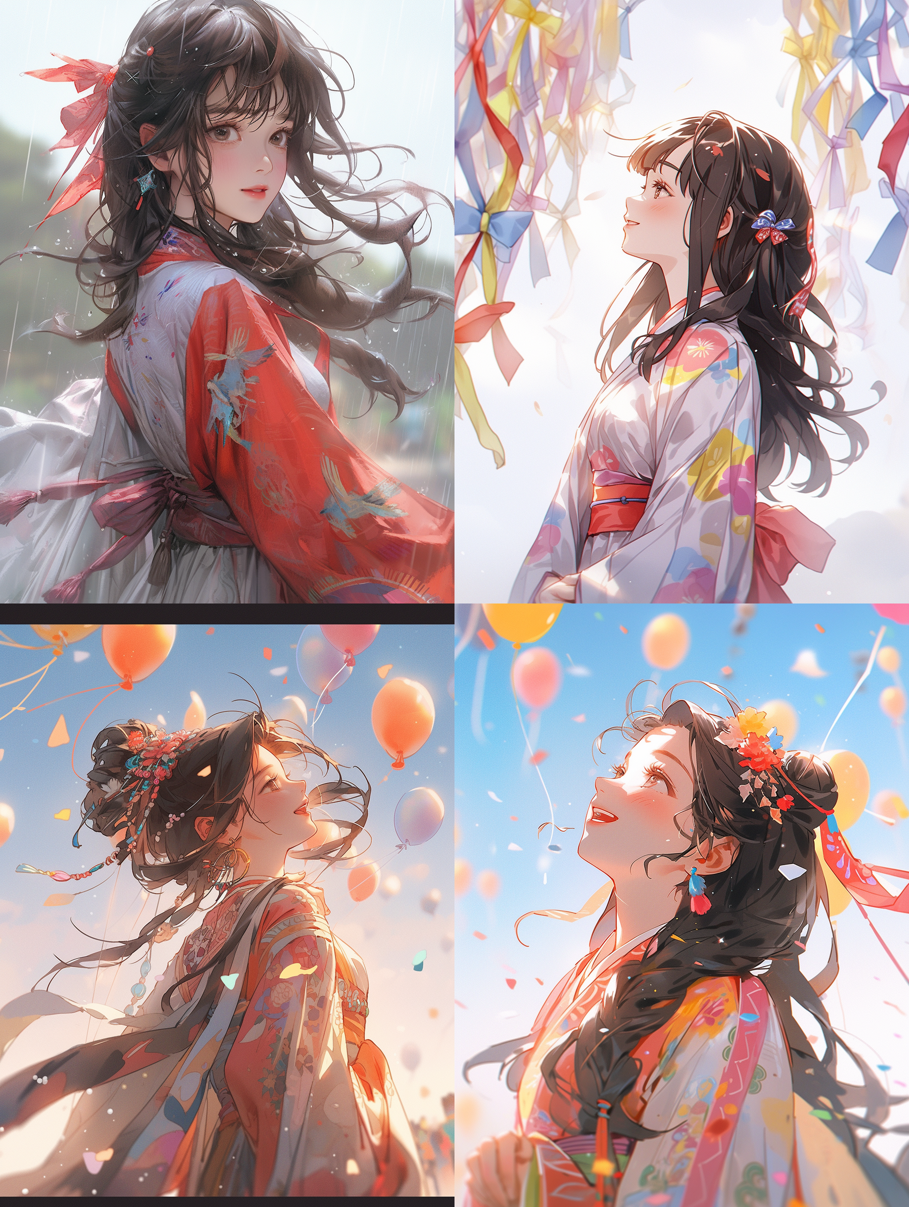 中国女士，仰头看向天空，天空下雨，彩色的飘带飘满天空，活泼可爱，真实风格