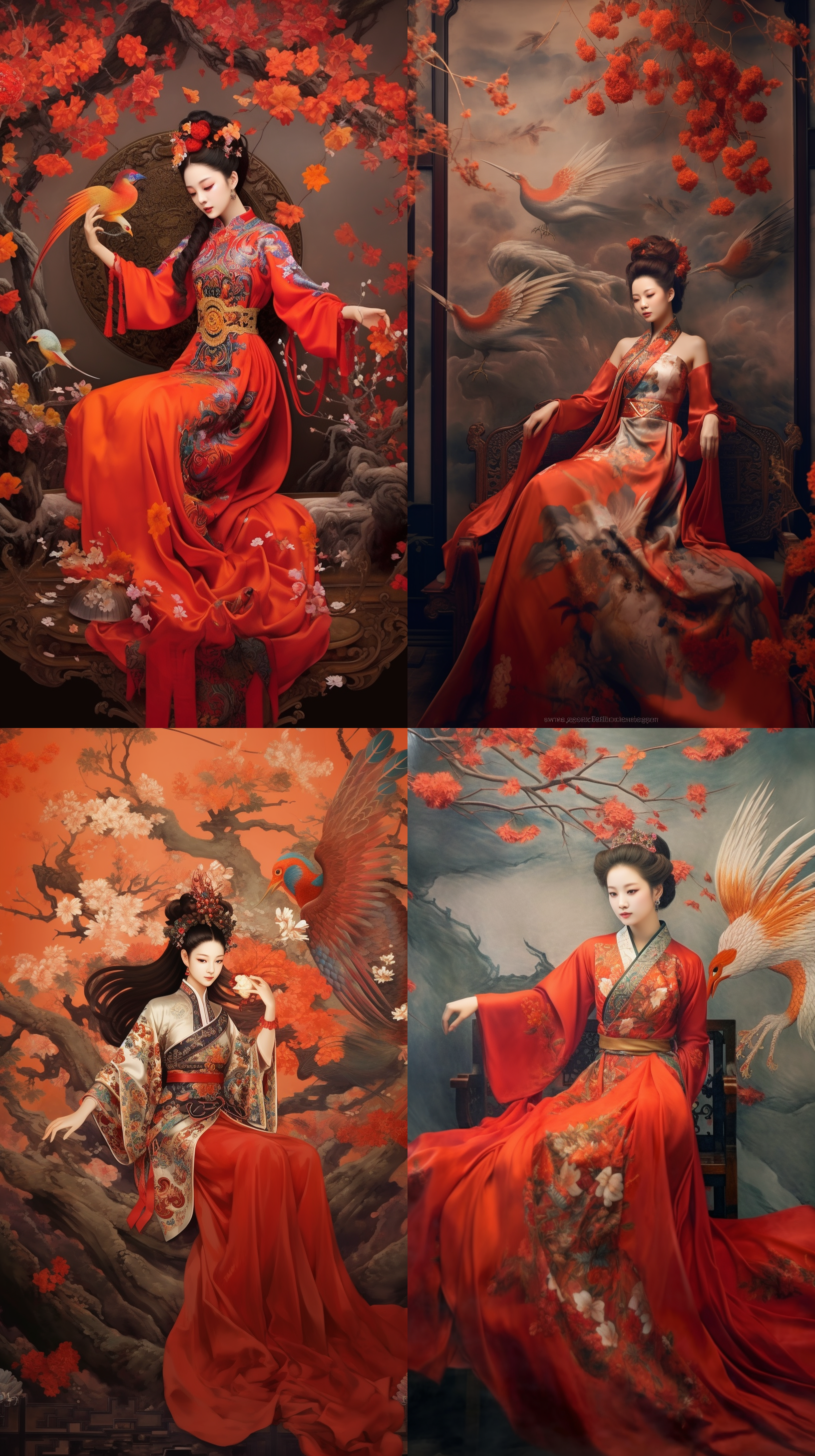 巨大的中国凤凰，中国古代美女缩影，坐在开满红花的窗前，吉祥，祥云，飞翔, 玄幻，古风，天光，红色调，细节刻画精致，板绘薄涂，水墨风格 汉服 汉服 中国凤凰 汉服 中国凤凰 汉服 中国凤凰 汉服 中国凤凰 汉服 中国凤凰