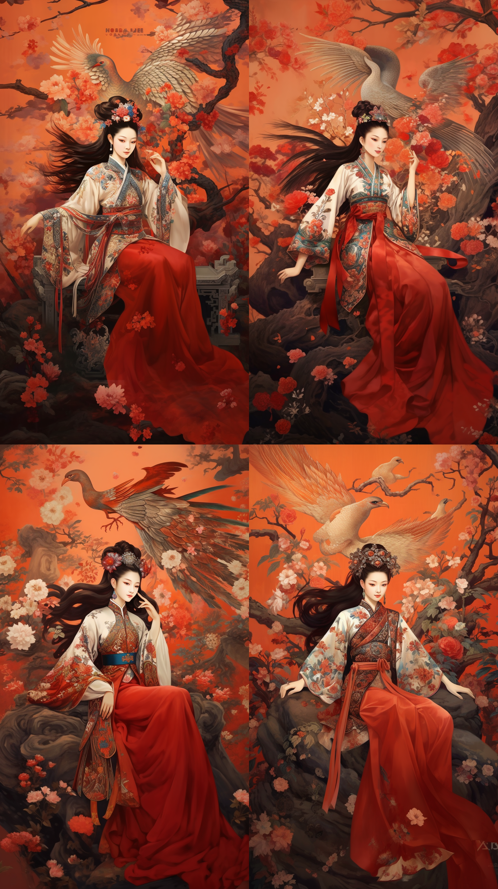 巨大的中国凤凰，中国古代美女缩影，坐在开满红花的窗前，吉祥，祥云，飞翔, 玄幻，古风，天光，红色调，细节刻画精致，板绘薄涂，水墨风格 汉服 汉服 中国凤凰 汉服 中国凤凰 汉服 中国凤凰 汉服 中国凤凰 汉服 中国凤凰