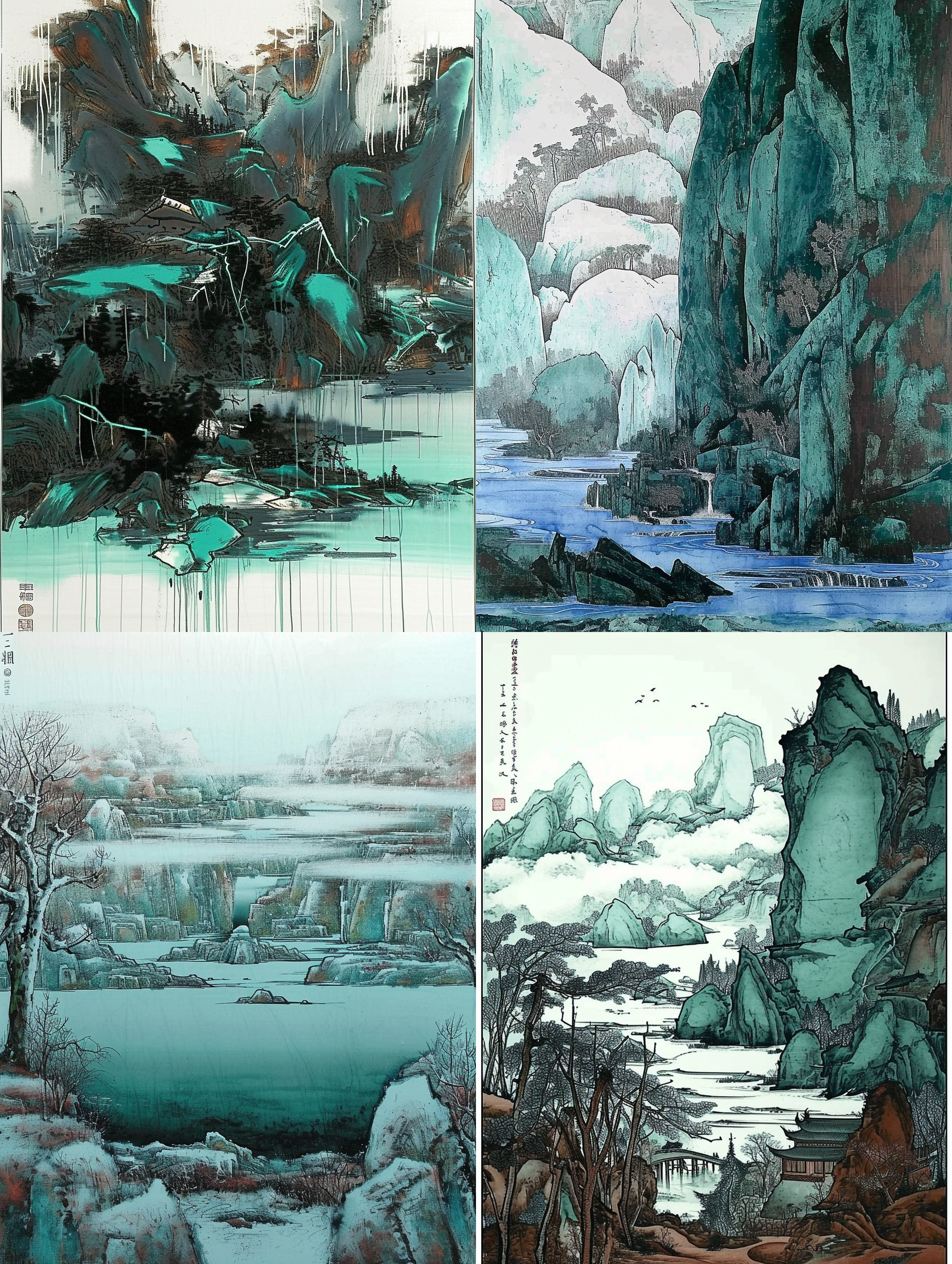 中国新式山水画，细腻的笔法描绘出蓝灰色的绿色山水景观，雪亮风格，高远、古老、神秘，线条清晰，色彩饱和度高。