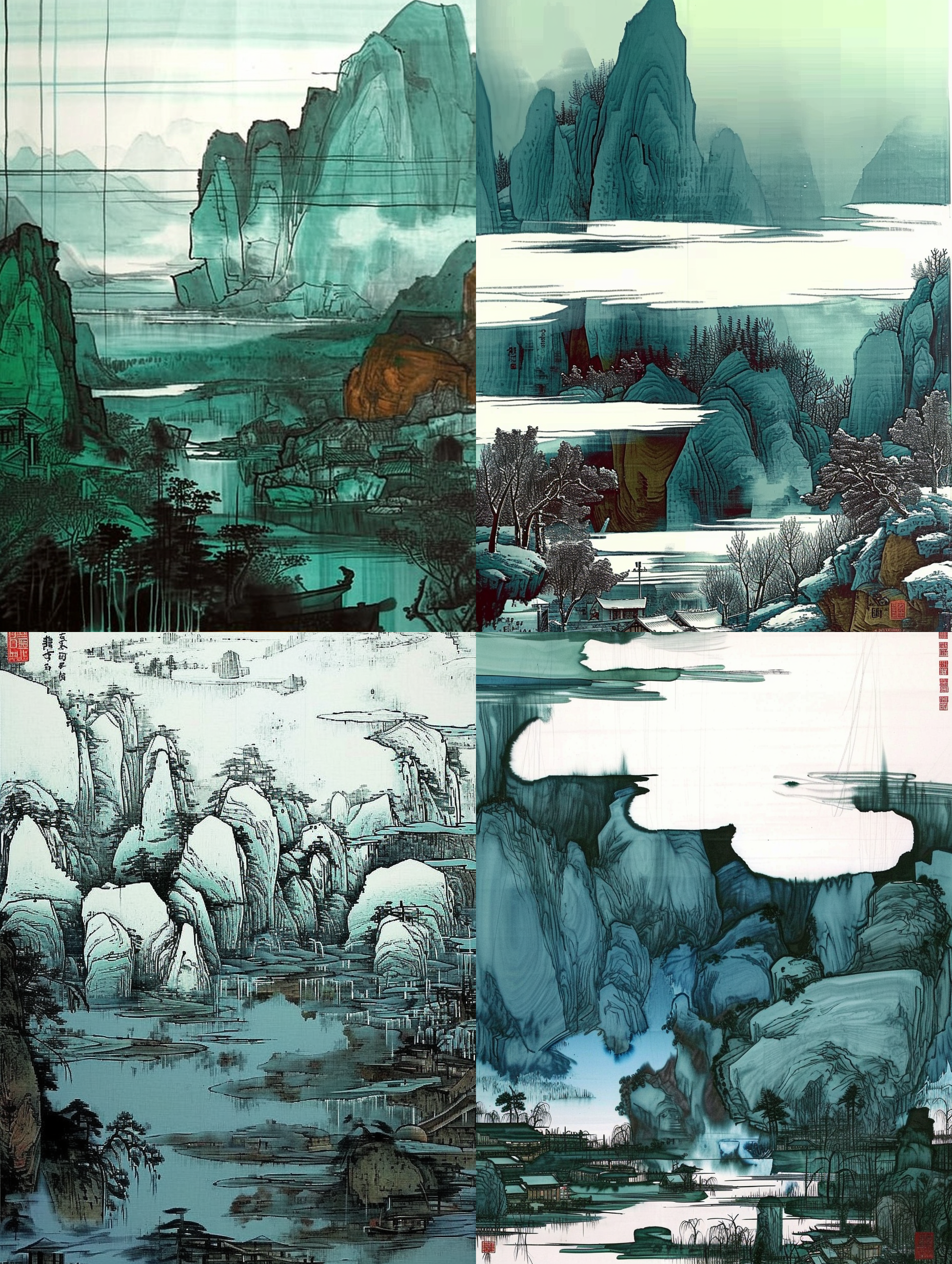 中国新式山水画，细腻的笔法描绘出蓝灰色的绿色山水景观，雪亮风格，高远、古老、神秘，线条清晰，色彩饱和度高。