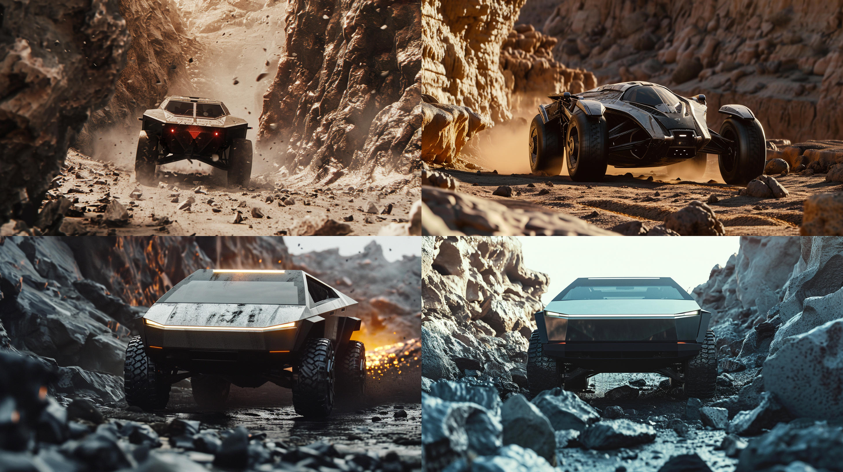 一辆行驶中的电动越野车，有棱有角，对称，几何造型设计，未来感，越现实，赛博朋克，钢铁外形和质地，这辆车在火星的岩石之间窗梭，向镜头掉来，黄金时刻，极度特写，pov，夸张的透视，锐利的拍摄，留白，逼真的光线和明暗效果，史诗级的摄影效果，昂贵的商业后期制作处理，高动态范围