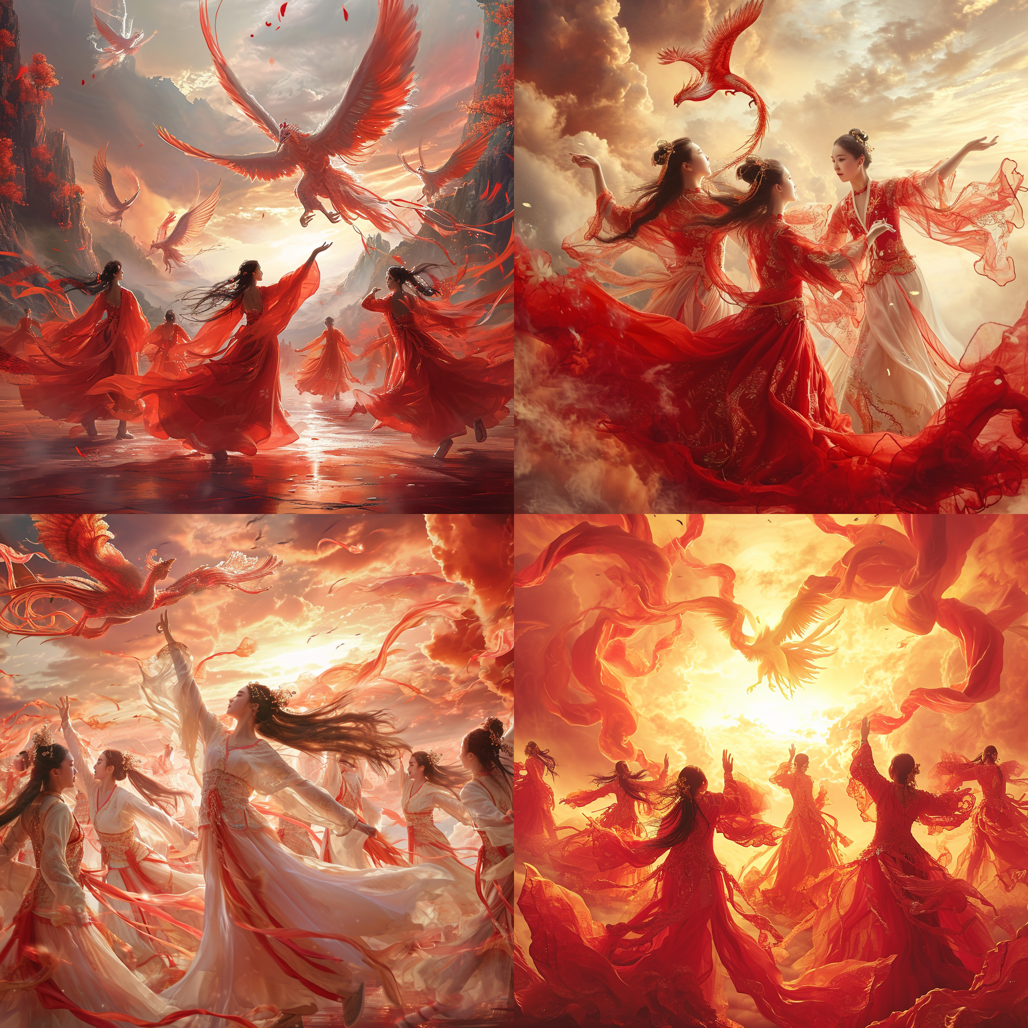 prompt. 祥云背景，红色，丹凤凌空，华服舞者，翩然起舞，柔光照射，优雅动作，流动的长发，激情四溢，喜庆氛围。