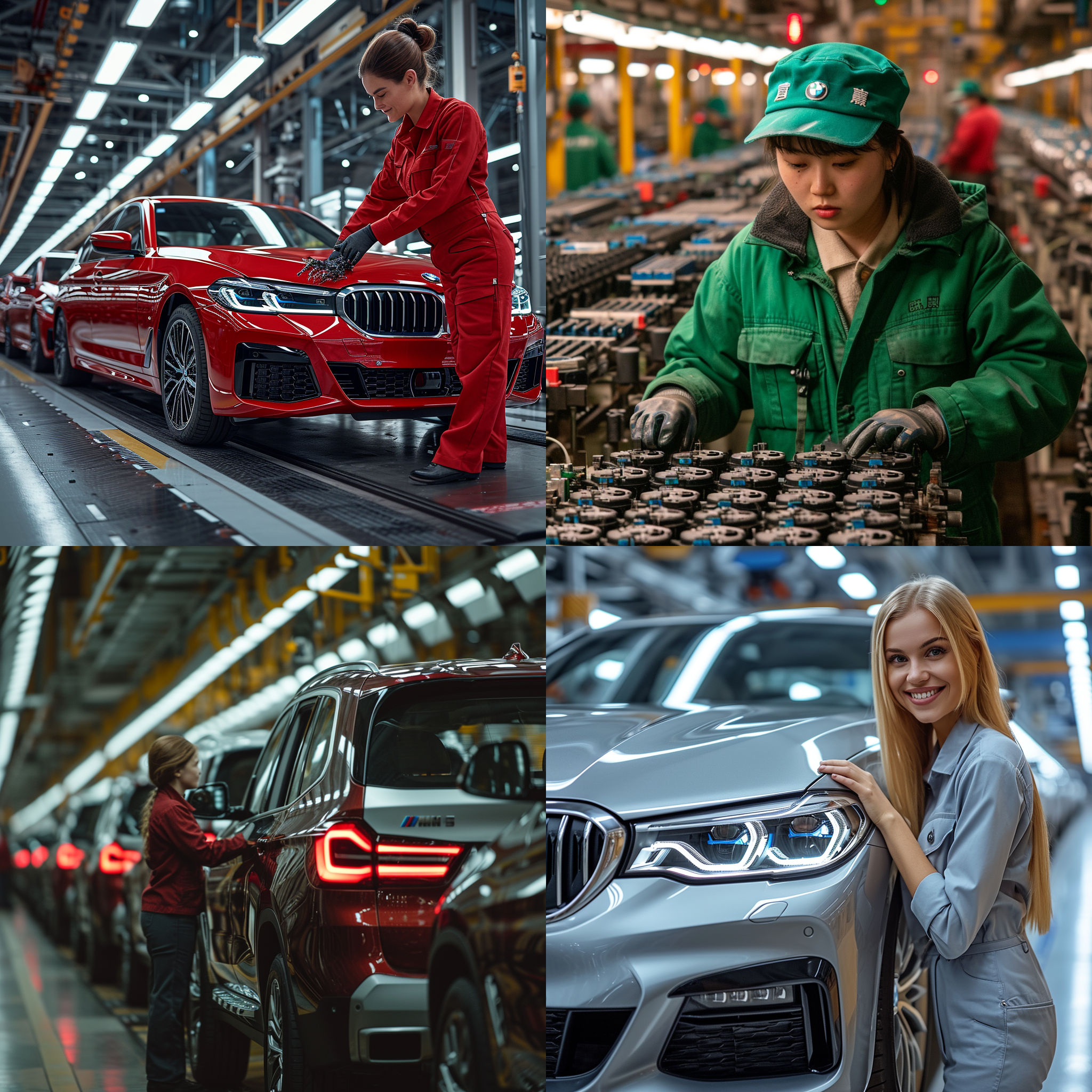 宝马现代化的车间，流水线上，中国一个眉清目秀的女工在安装零件，身后一排成品的宝马汽车