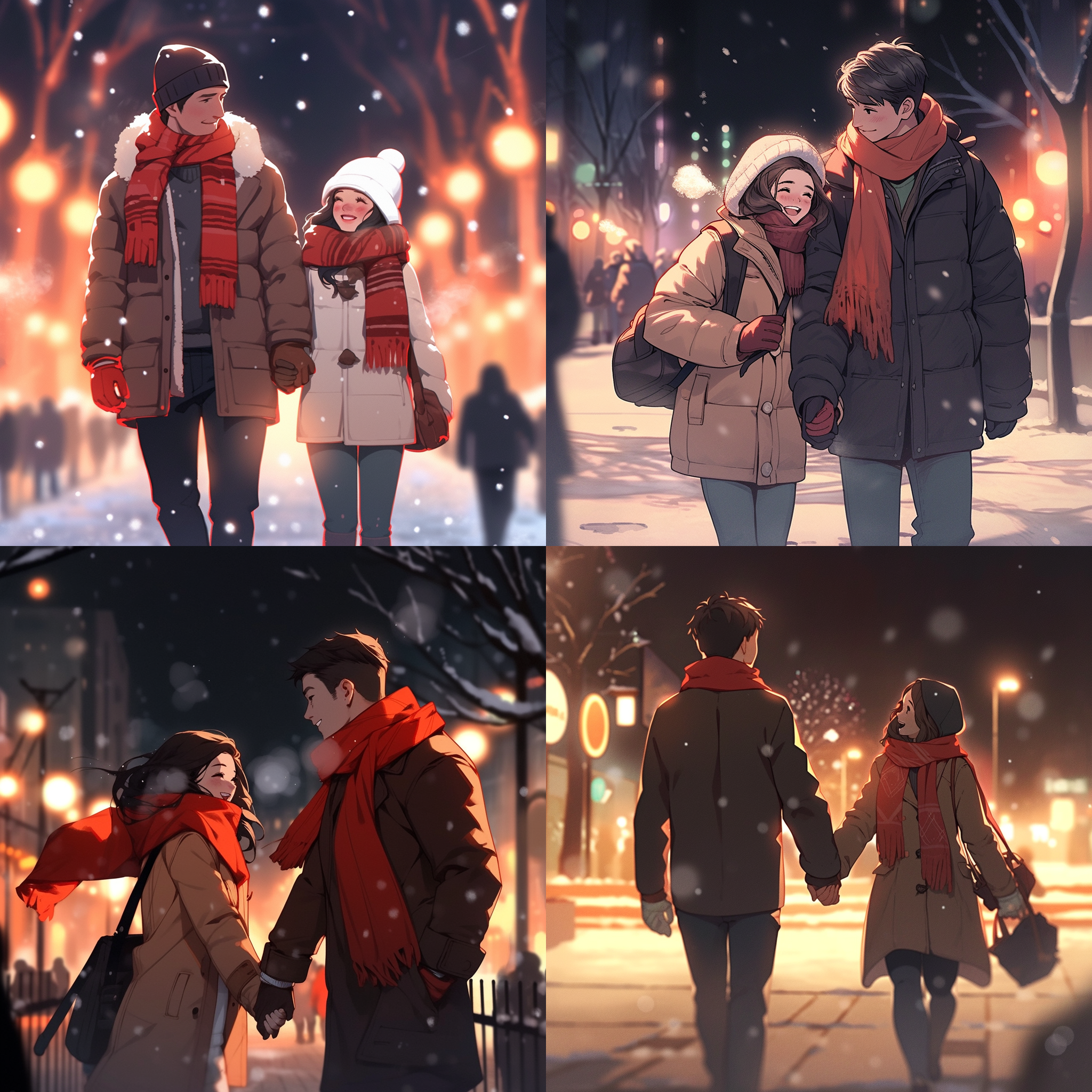 卡通情侣手牵手，下雪夜晚被路灯照亮。温馨浪漫，两人恩爱甜蜜地走在一起，围脖飘落。大光圈，暖色调，中焦镜头，静态构图，微笑，眼神交流，红色围巾。 花田 卡通 全身 丁达尔效应