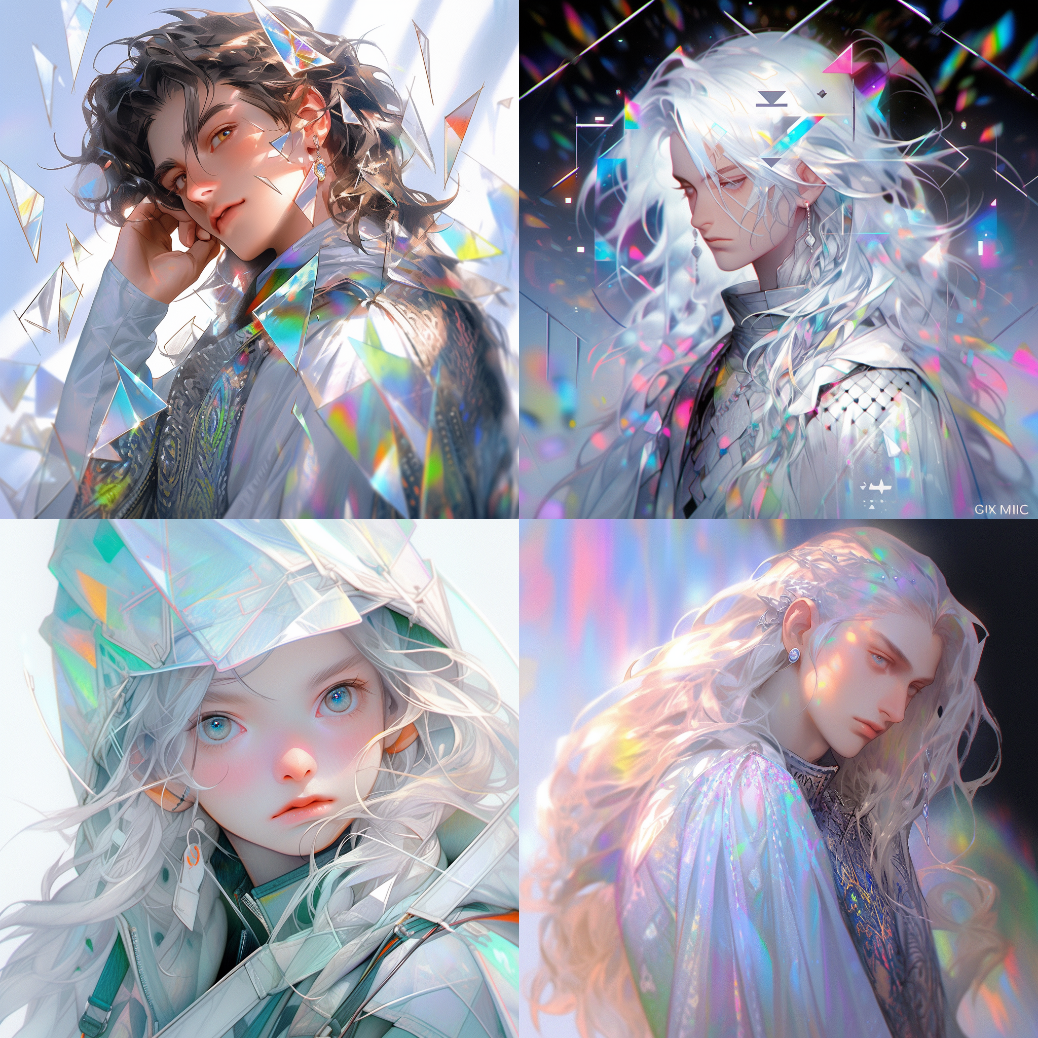 boy with long hair in a crystal clear frame, in the style of yuumei, luminous color palette, prismatic portraits, charming character illustrations, daz3d, white and silver, natalia rak
