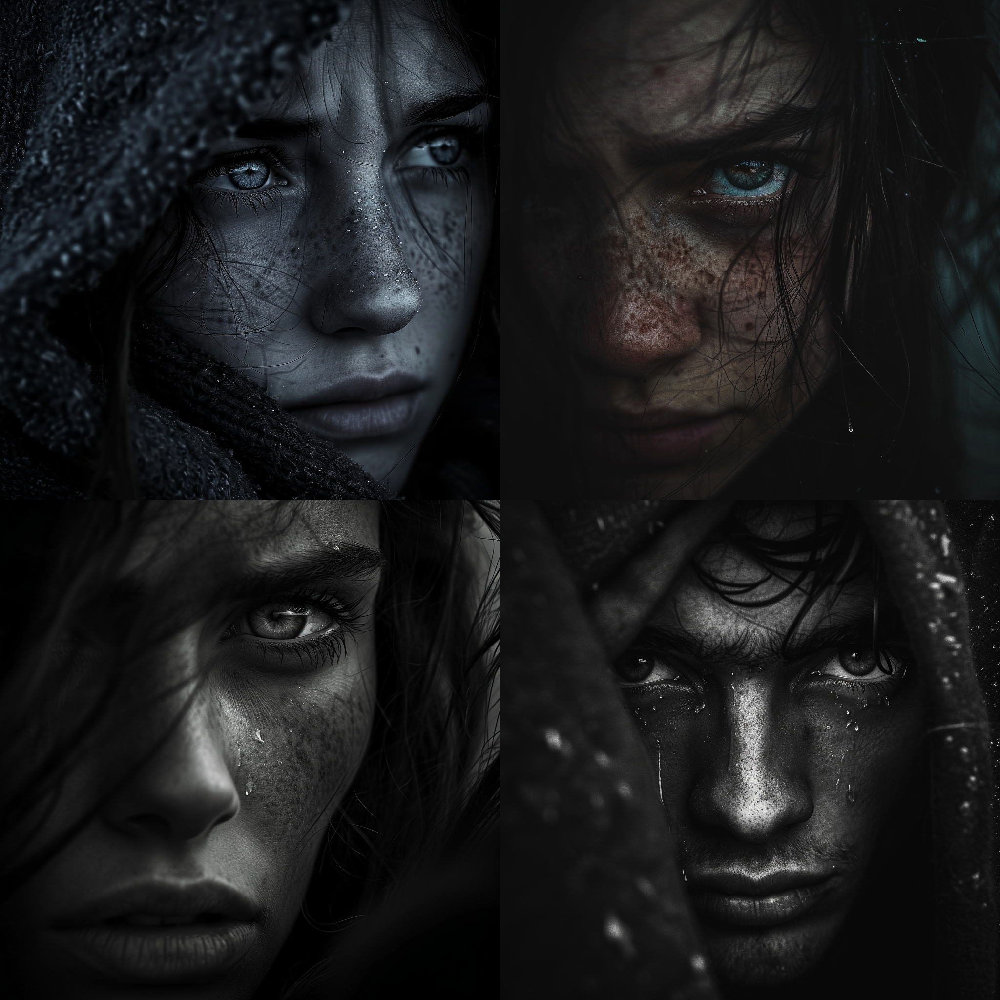 面容阴云笼罩, 双眼哀伤, 内心挣扎, 眉头紧锁, 泪水滑落, 苦涩凄凉苦笑, 高对比度, 悲伤画卷, 深情色调, 无奈, 心结, 沉重悲痛, 中焦镜头, 情绪强烈, 人像摄影, 表情凝固, 内心挣扎的肖像照片