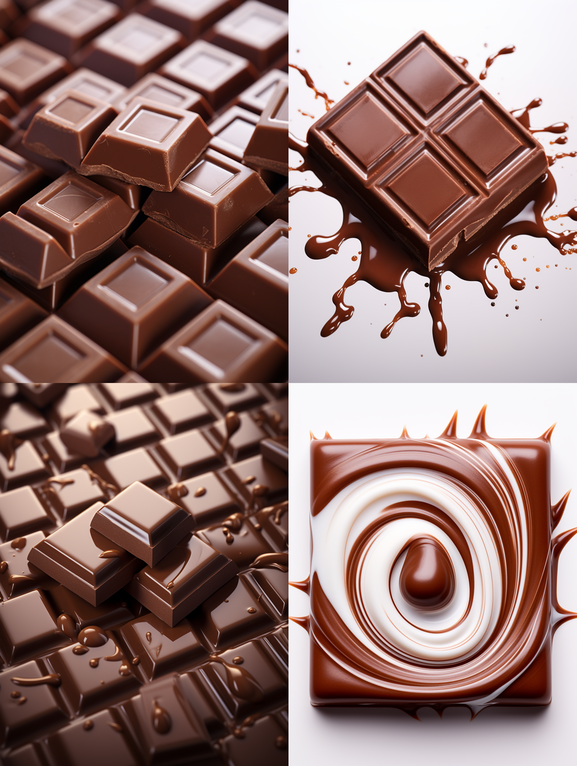 方块巧克力，丝滑，白色背景，高饱和度，正中布局，微距镜头，柔光，流动，诱人，浓郁。