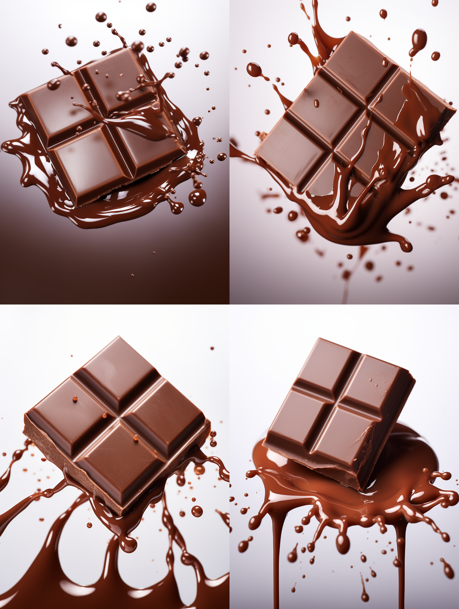 方块巧克力，丝滑，白色背景，高饱和度，正中布局，微距镜头，柔光，流动，诱人，浓郁。