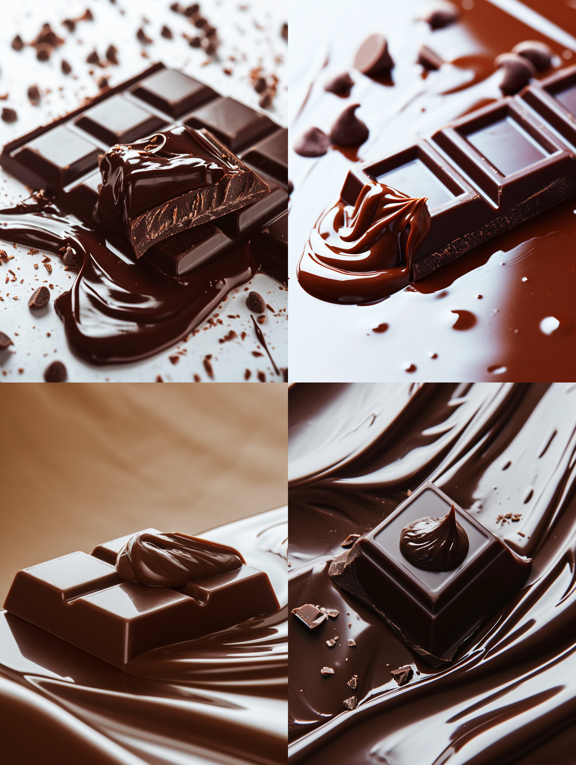 一块巧克力，方形，丝滑，白色背景，高饱和度，正中布局，微距镜头，柔光，流动，诱人，浓郁。