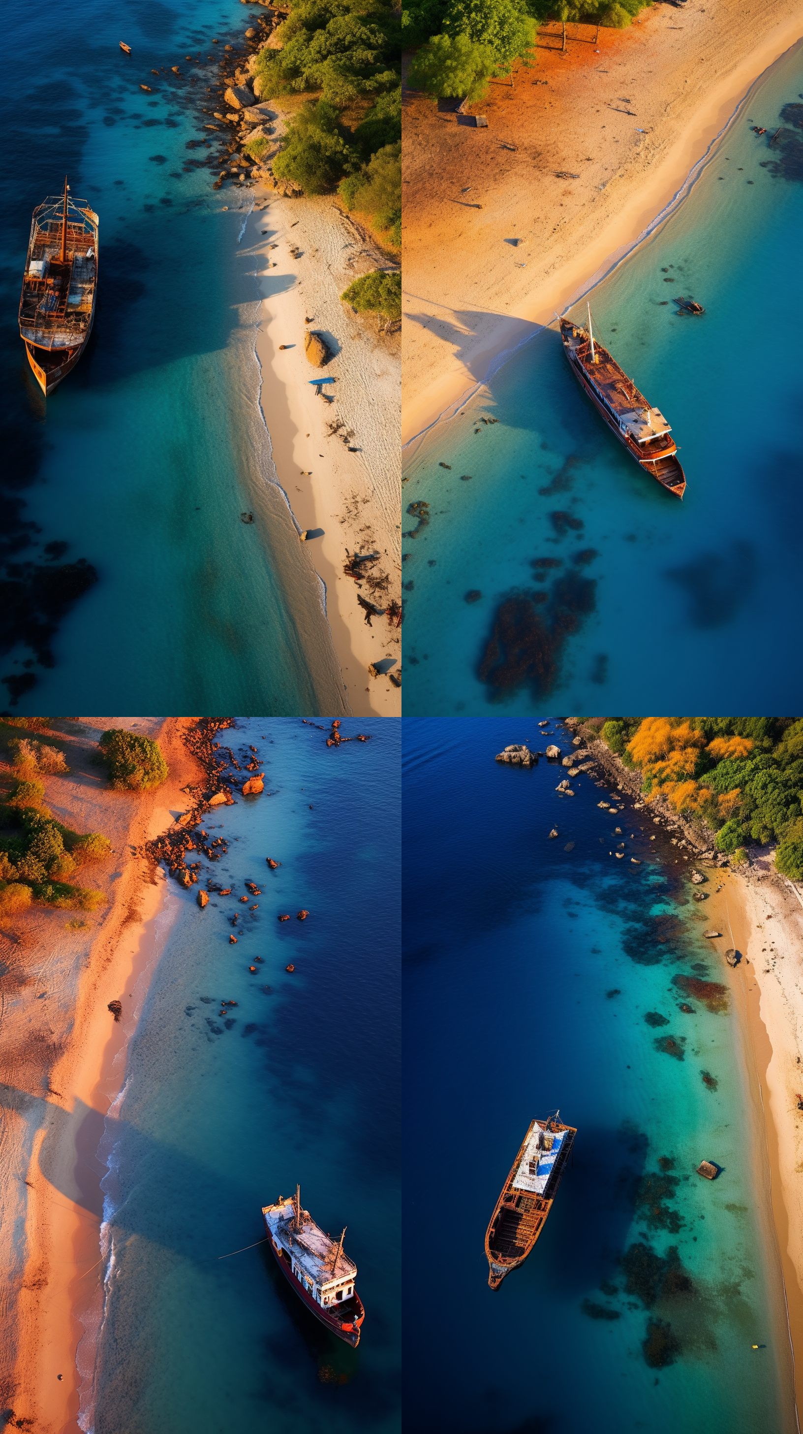 海边船影绰绰，礁石遍布沙滩，植被茂盛。俯视图呈现广阔的蓝色海洋与金黄色沙滩的对比，展现出宁静与活力并存的景象。船身颜色鲜艳，配合夕阳的余晖，呈现出温暖的色调。使用长焦镜头捕捉到远处的船只和礁石，突出了画面的层次感。