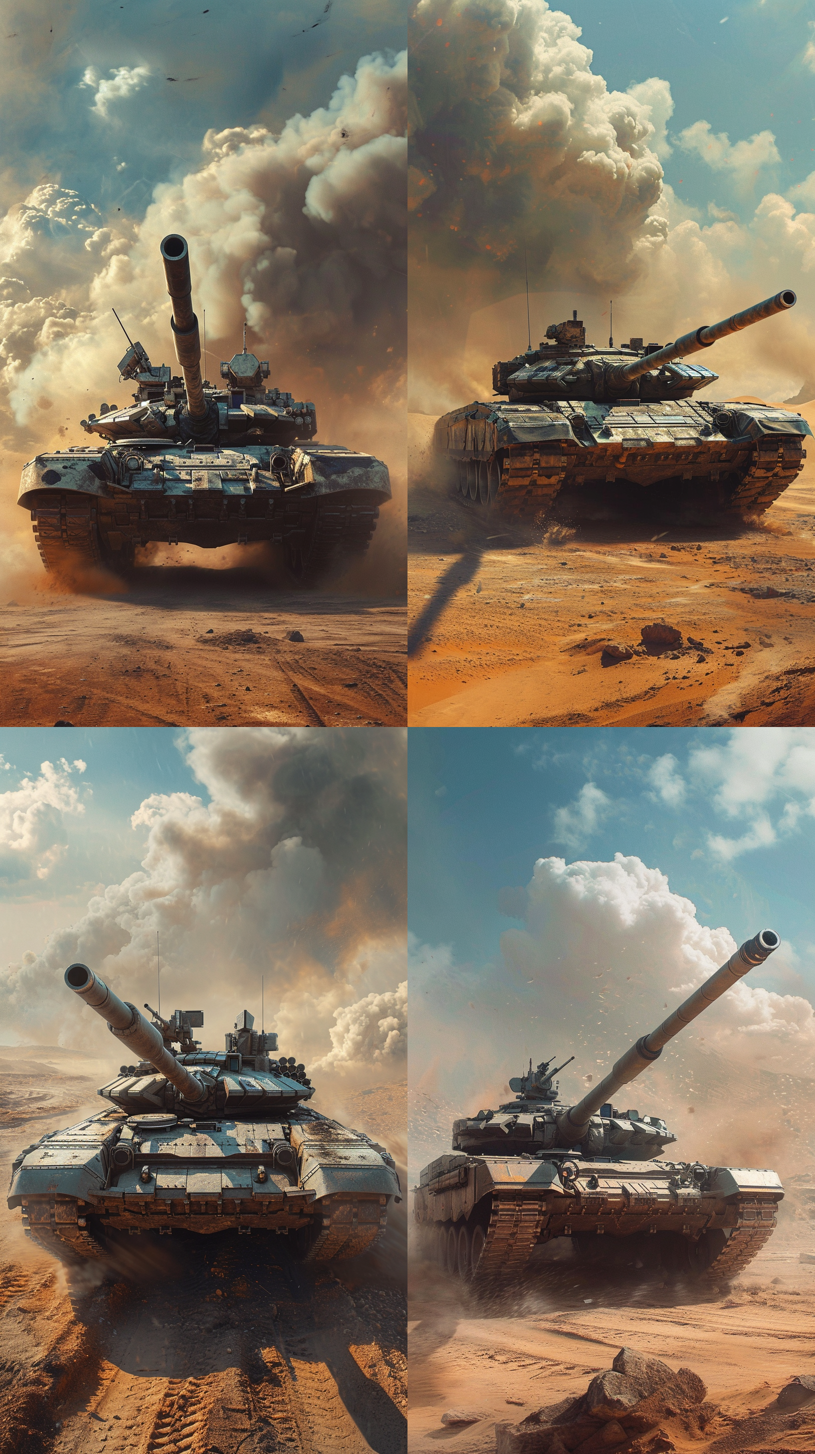 以德国豹式坦克的外观为基础，描绘出未来科技风格的坦克，巨大尺寸，金属质感，沙漠环境，广角透视，炮塔旋转，烟雾弥漫，震撼人心。超级真实风格，16k
