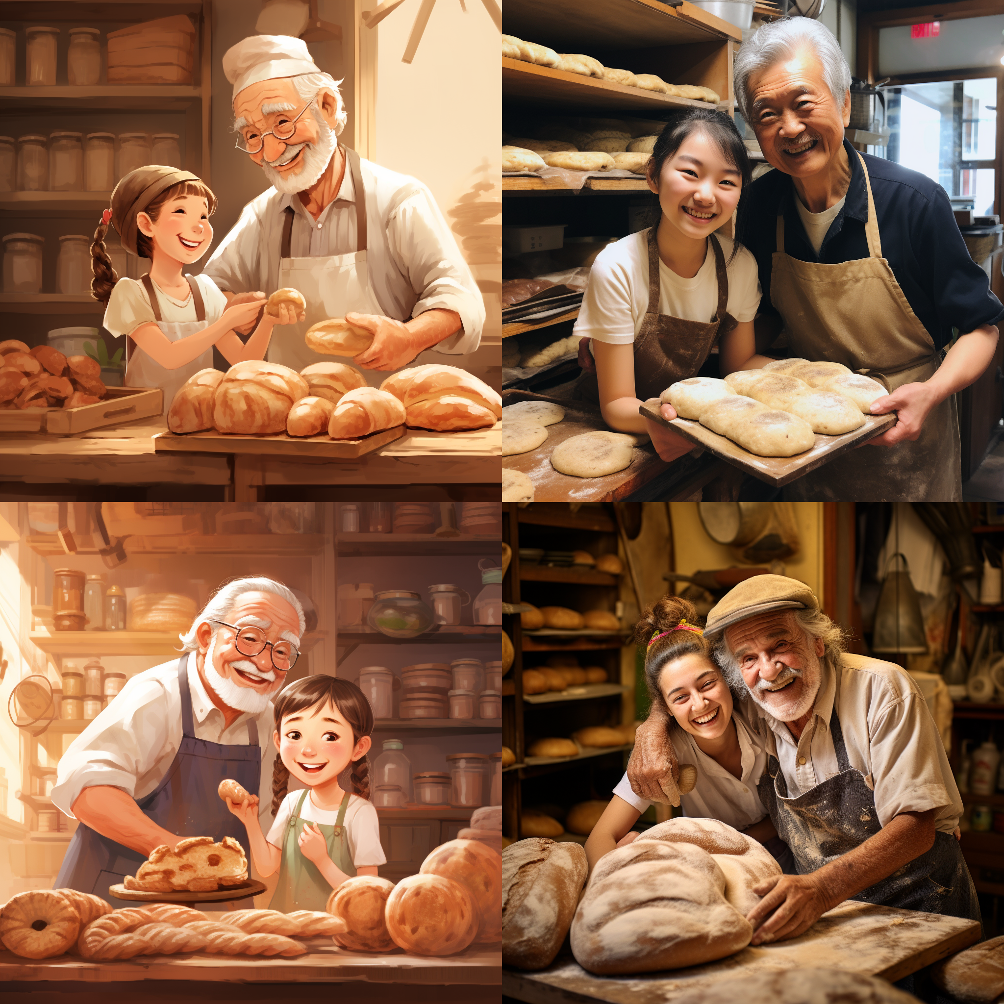  2024-01-13 12:42:34 1746029948943994880 推荐到广场 收藏 删除 老式烤房，烤面包的老爷爷和小孙女，面色红润神态自然，温暖，微笑，室内灯光，中焦，从窗外光线，丁达尔光，一排排面包