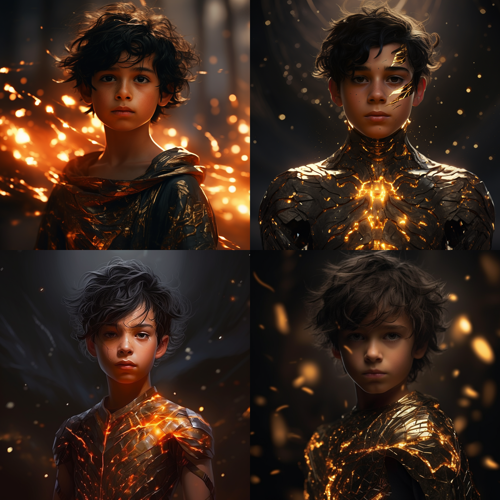 炼狱君主，十二岁少年外貌，黑发如夜空中的流星，黑眸如深邃的宇宙，古铜色肌肤，犹如熔铁般微光，肌肉线条完美，力量与美感，多元宇宙，神灵比肩，高能力。