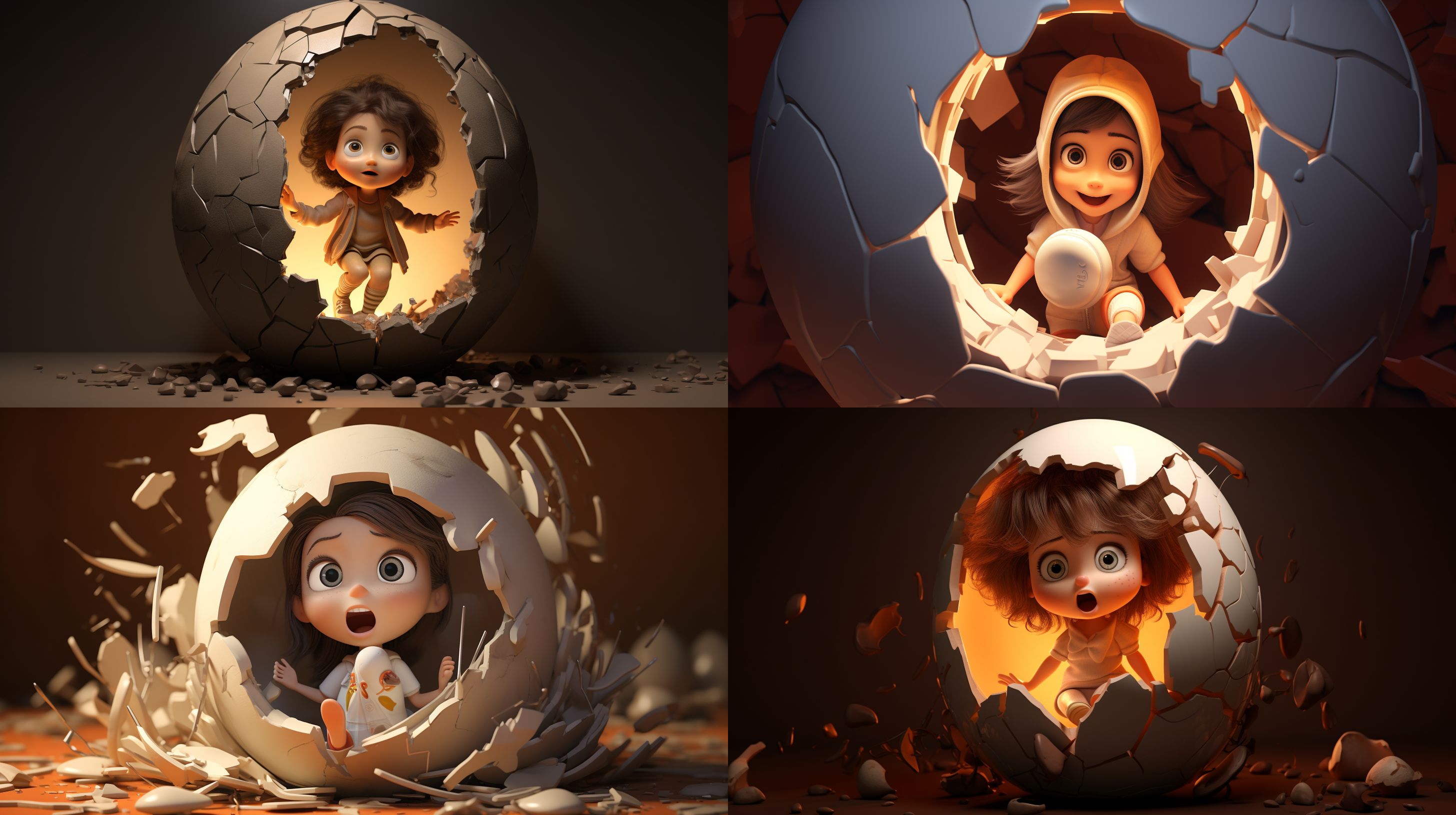 从蛋壳中破壳而出的小女孩，皮克斯动画风格，c4d，oc，渲染器，全身像镜头，黏土雕塑材质，电影照明，高质量，多细节，高清，童真，好奇，快乐。