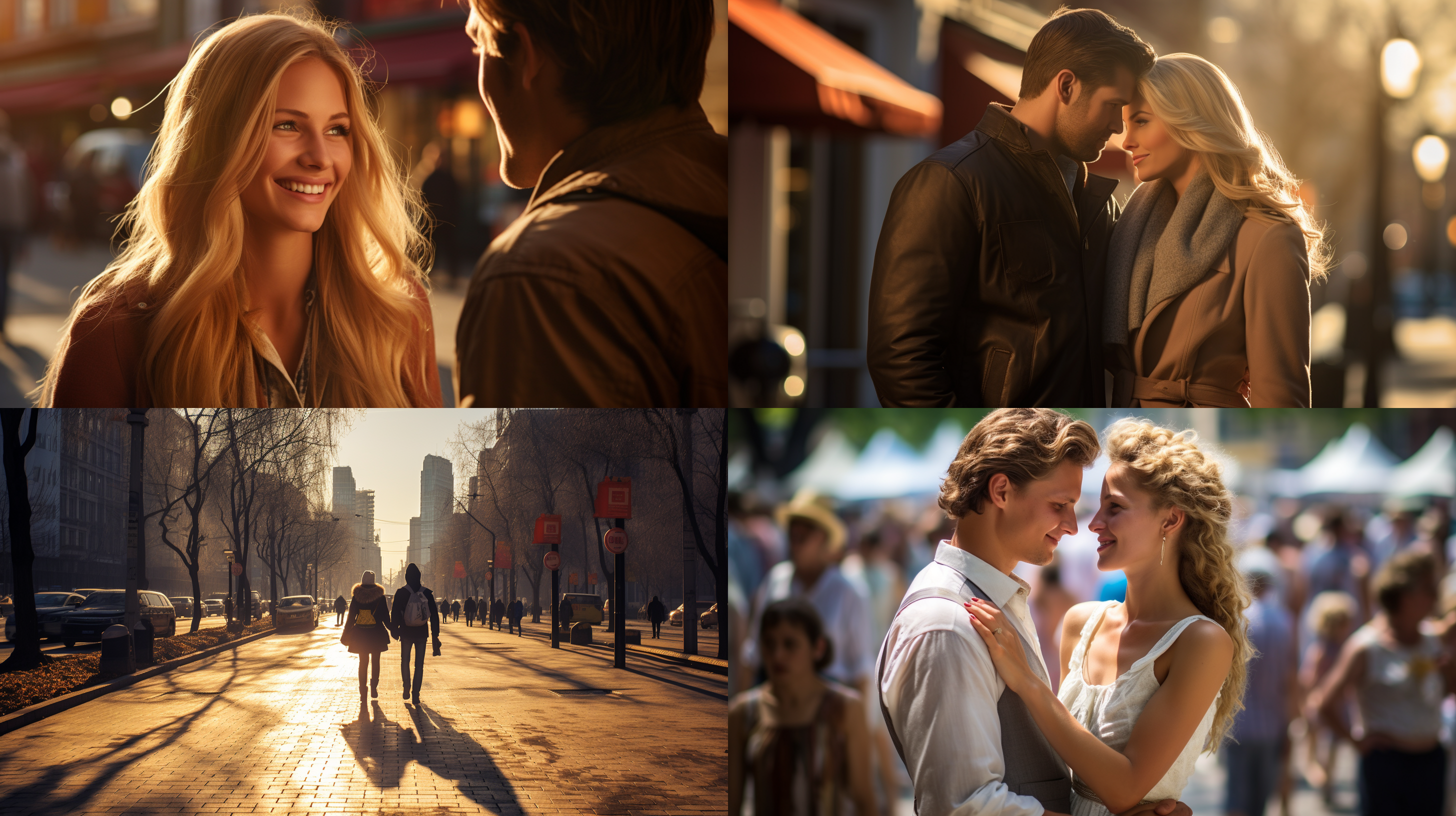 阳光照耀下，极其精致美丽的女孩和帅哥在繁华胡街道上邂逅。大场景中，广角镜头捕捉到车水马龙的热闹景象。明亮的阳光投射出温暖的色调，为画面增添浪漫氛围。俩人目光交汇，眼神中透露着爱意。