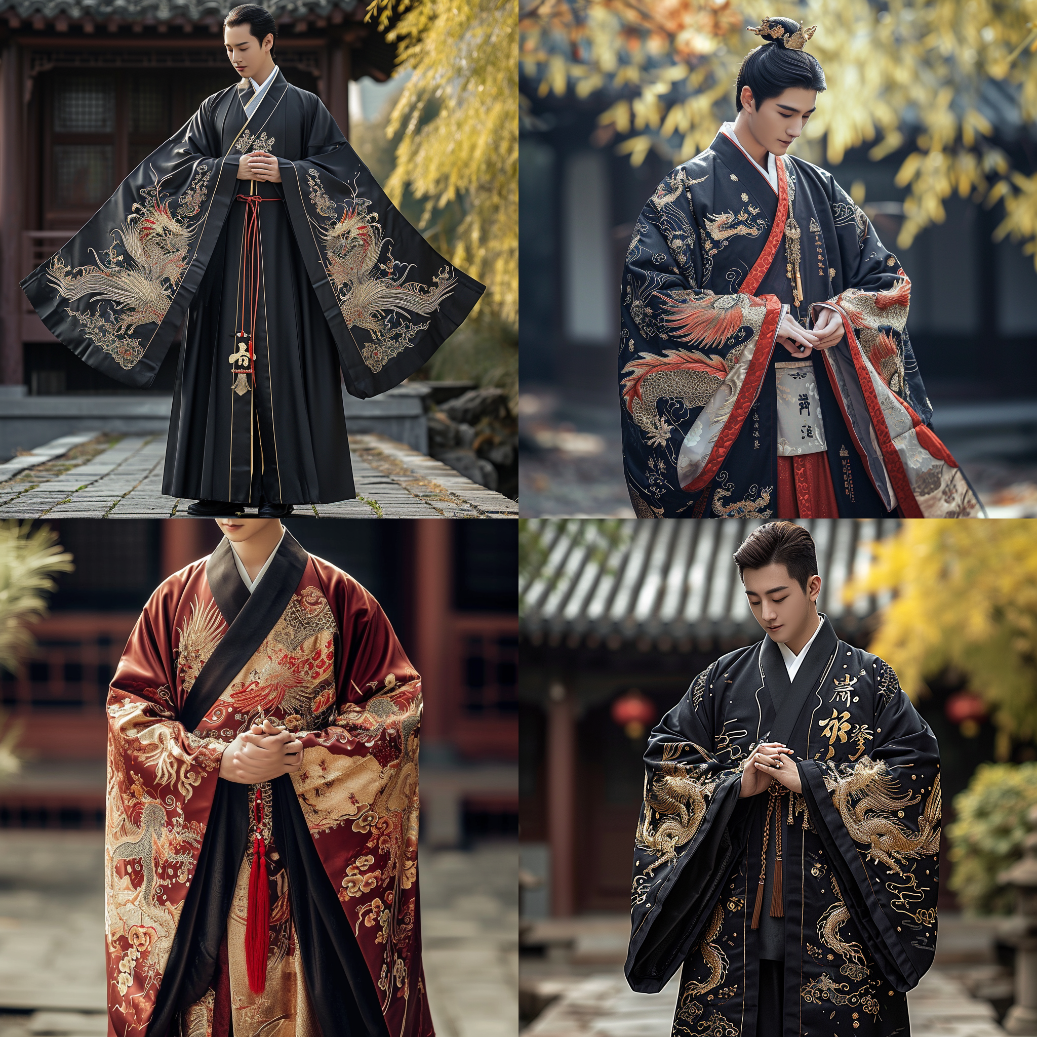 男子汉服，龙凤浮雕，华丽，稍微弯腰，双手抱拳中间挂福字，正面构图，室外，明亮照明，细节丰富，传统色调，喜庆氛围，自信，庄重。