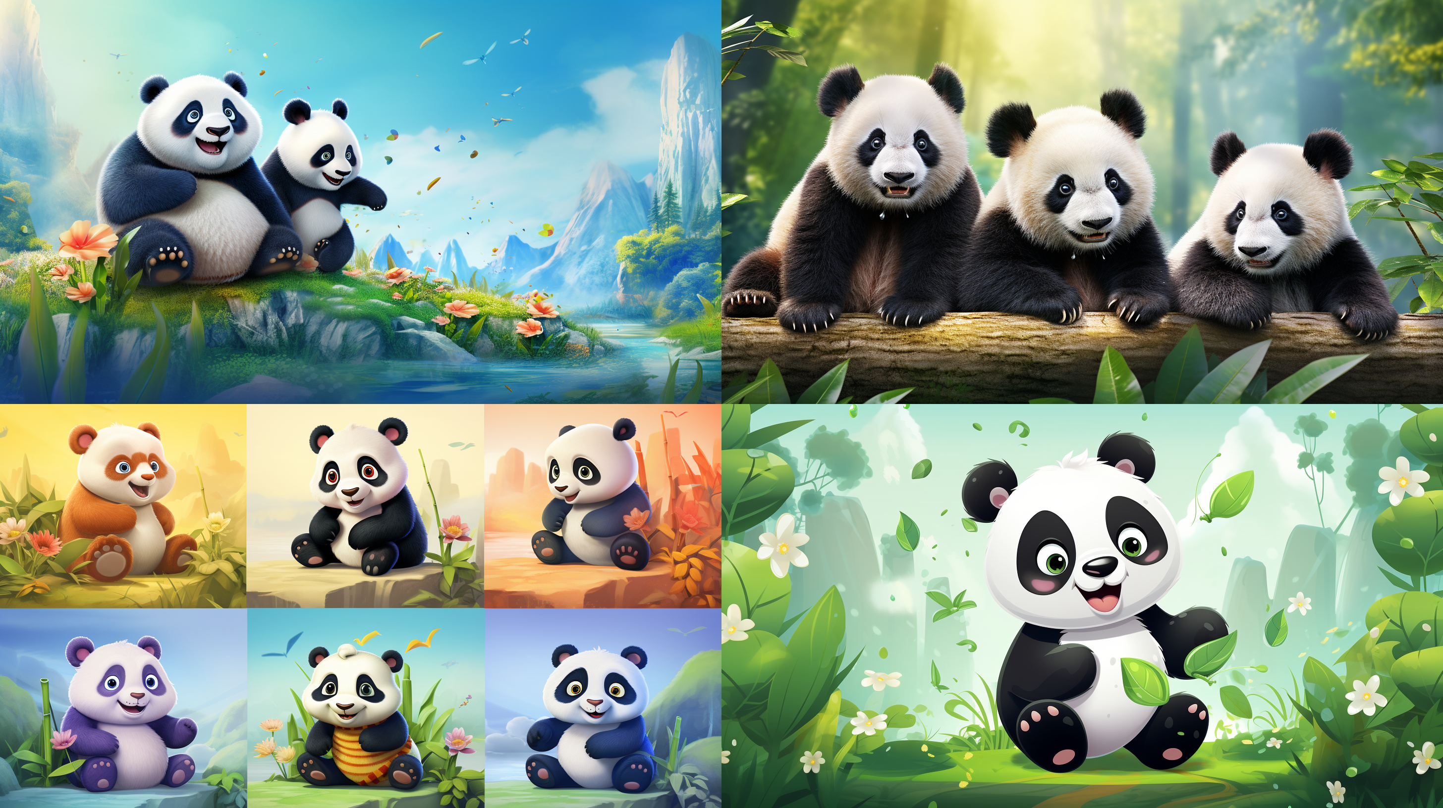 熊猫界，花花、福宝、萌兰、萌二四只熊猫，自然饱满的森林环境，明亮和谐的色调，可爱多彩的熊猫形象，光线追踪的效果，泡泡商城风格的插图，卡通写实的绘画风格，4k展示的高清画质，欢乐和温馨的情感。 干净背景