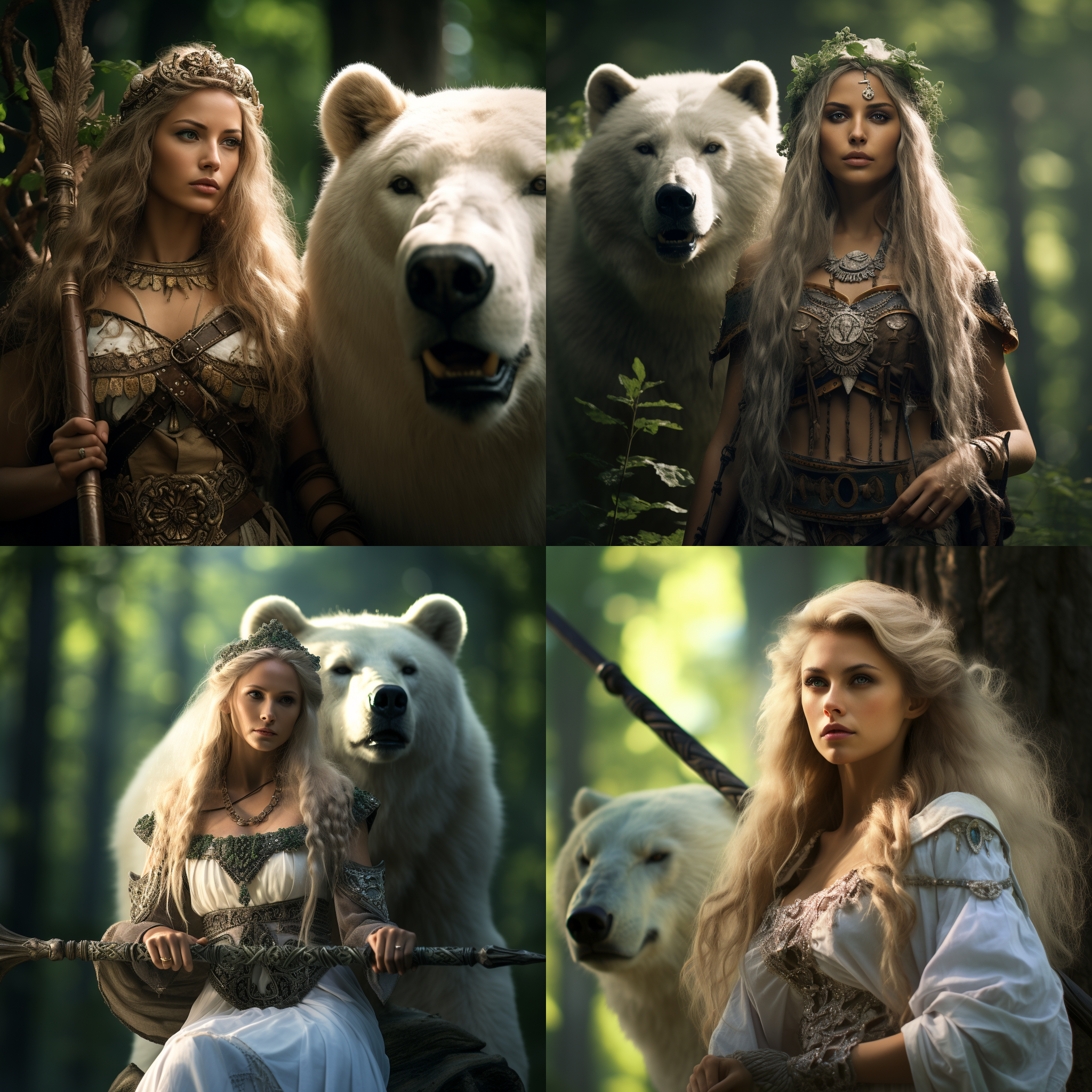 精灵族月之女祭司身骑白骨，手握长弓，身后跟着兽人族的熊精精。他们一起走在夏天洛丹伦的大地上，大地绿荫苍翠。 摄影风格: 幻想，史诗，高清晰度，魔幻色调，宽广景深，长焦镜头，自然光，动态姿势，激情四溢，神秘氛围。