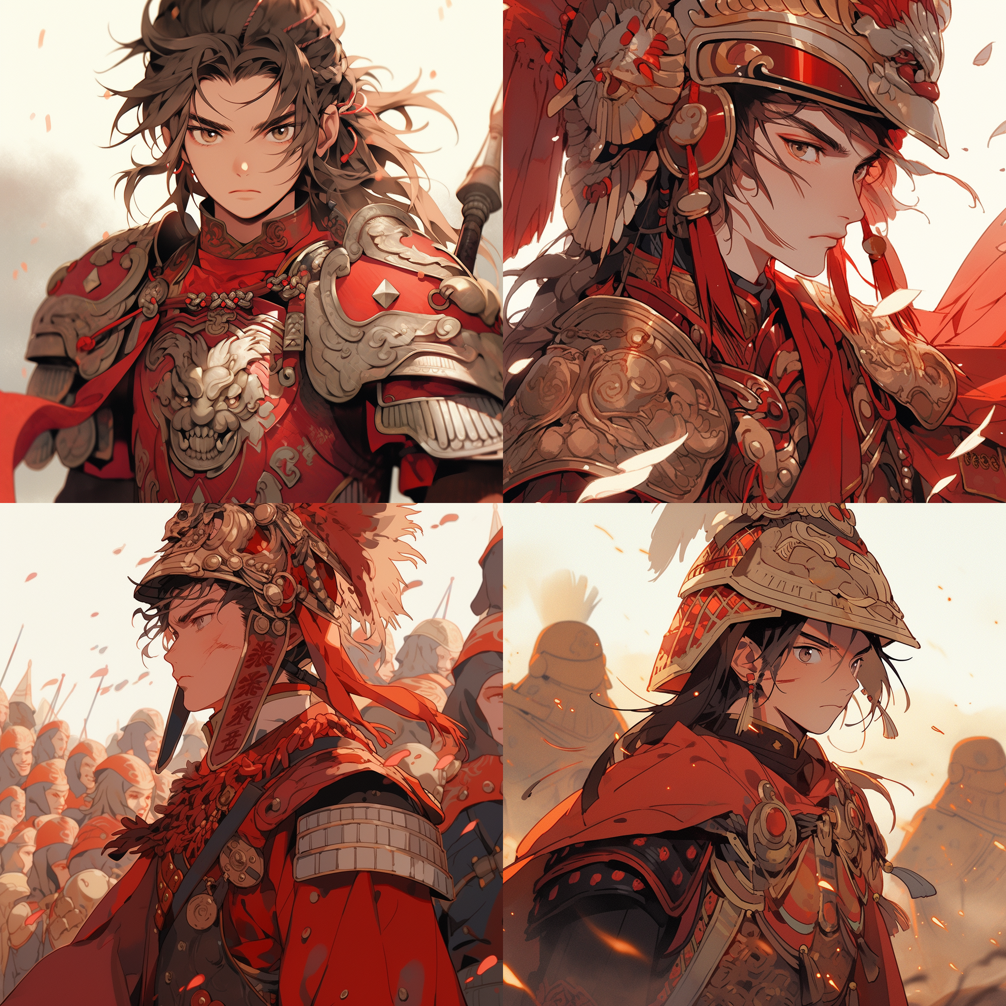 少年将军，红色衣服，盔甲，中国古代，沙漠，二次元风格，刻画细节