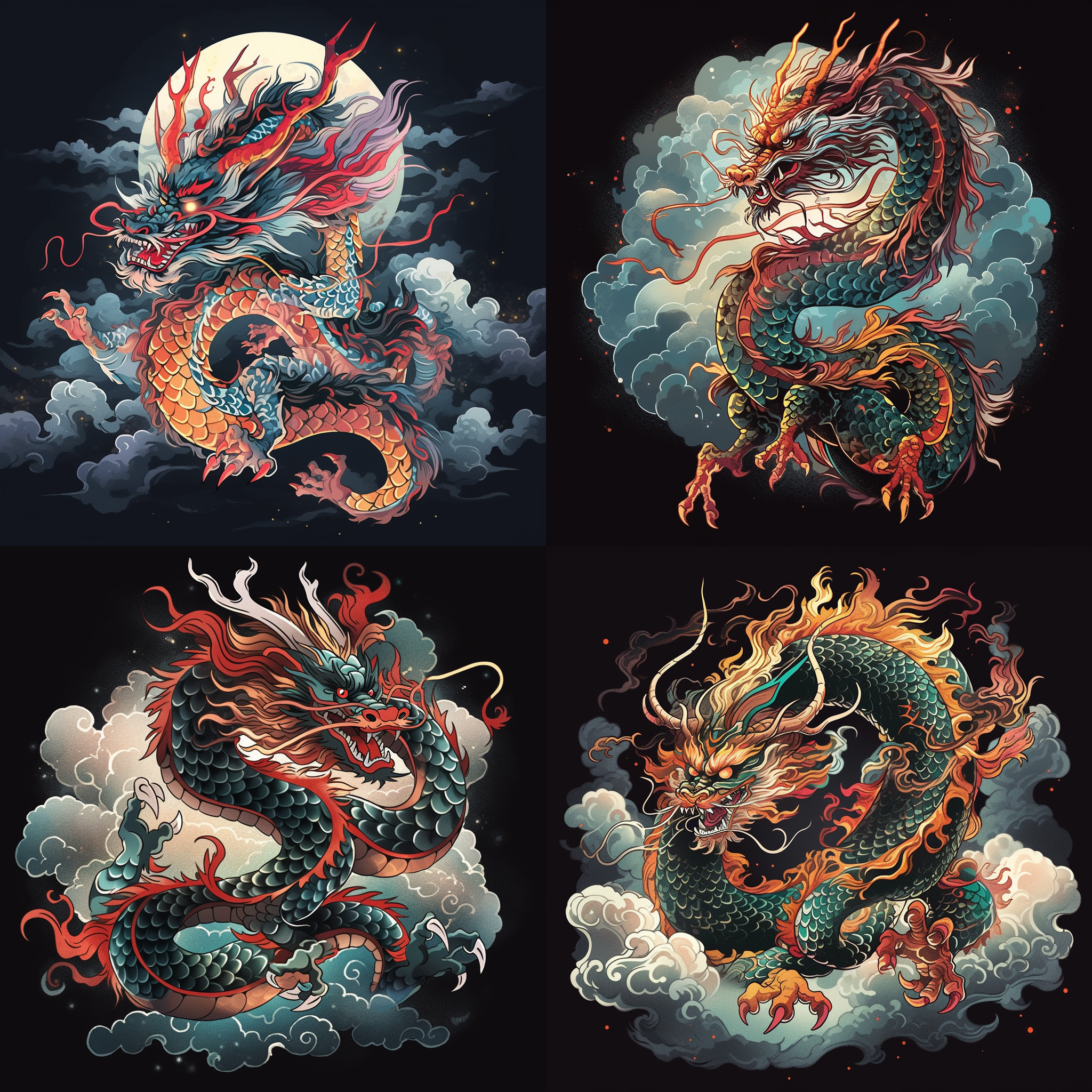 中国龙，漫画风格，唯美神秘，威严气息，全身呈现在居高临下的视角中，绚丽多彩的鳞片在阳光下闪耀，背景是云雾弥漫的山脉，龙眼中透露出睿智与力量，传达着中国古老文化的深厚底蕴。黑色背景，锐利对比，细节丰富，感人至深。