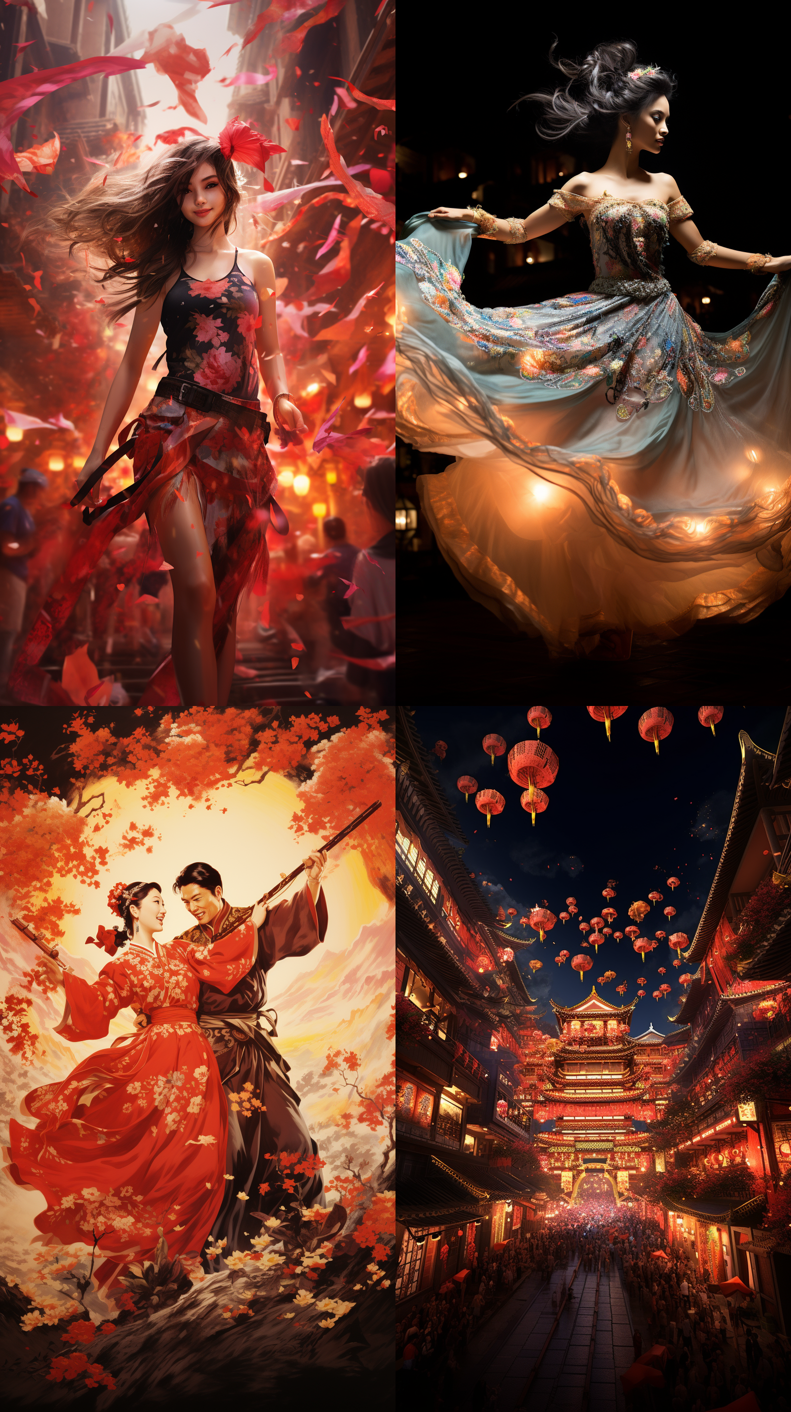 国潮绘画风格，宫廷舞会，热闹喜庆，繁华都市，绚丽灯光，盛装舞者，优美动作，夜景拍摄，迷人夜色，快门速度快，兴奋欢快，激情四溢。